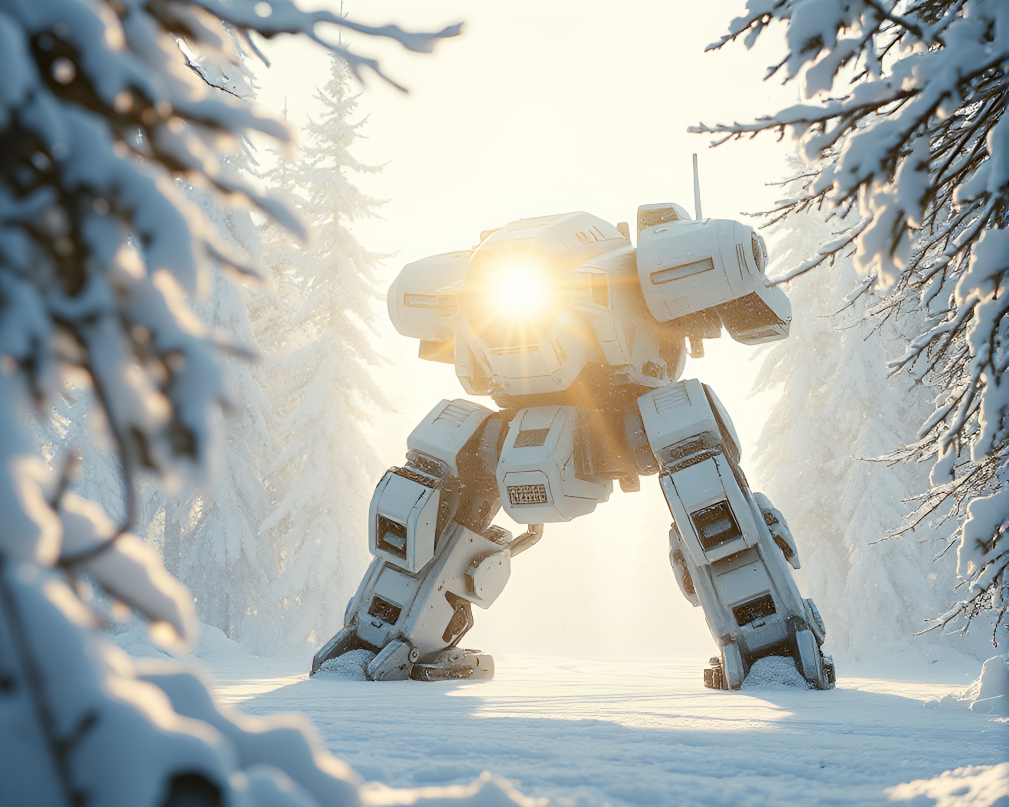 Snow-kissed Battle Mech in Real-Time Ray Tracing – free AI stock image