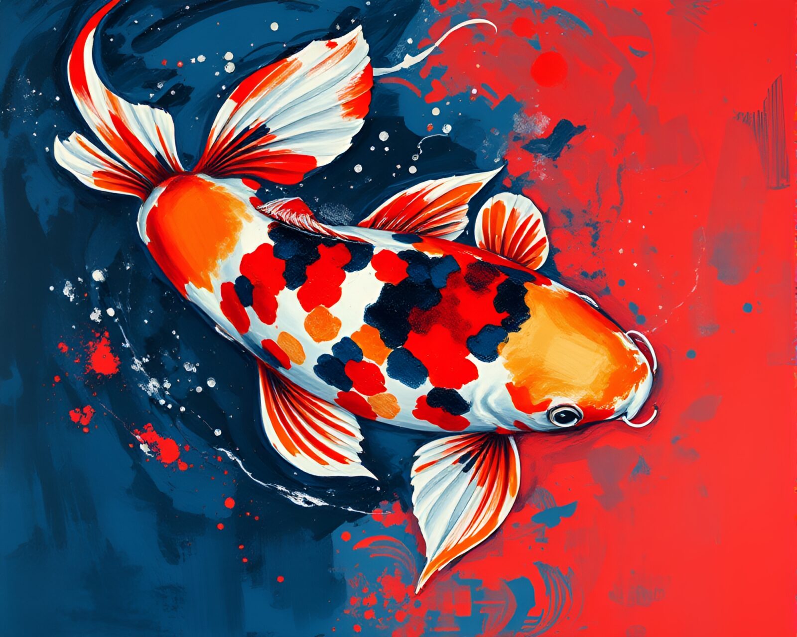 Palette knife painting of duotone red-blue Koi fish