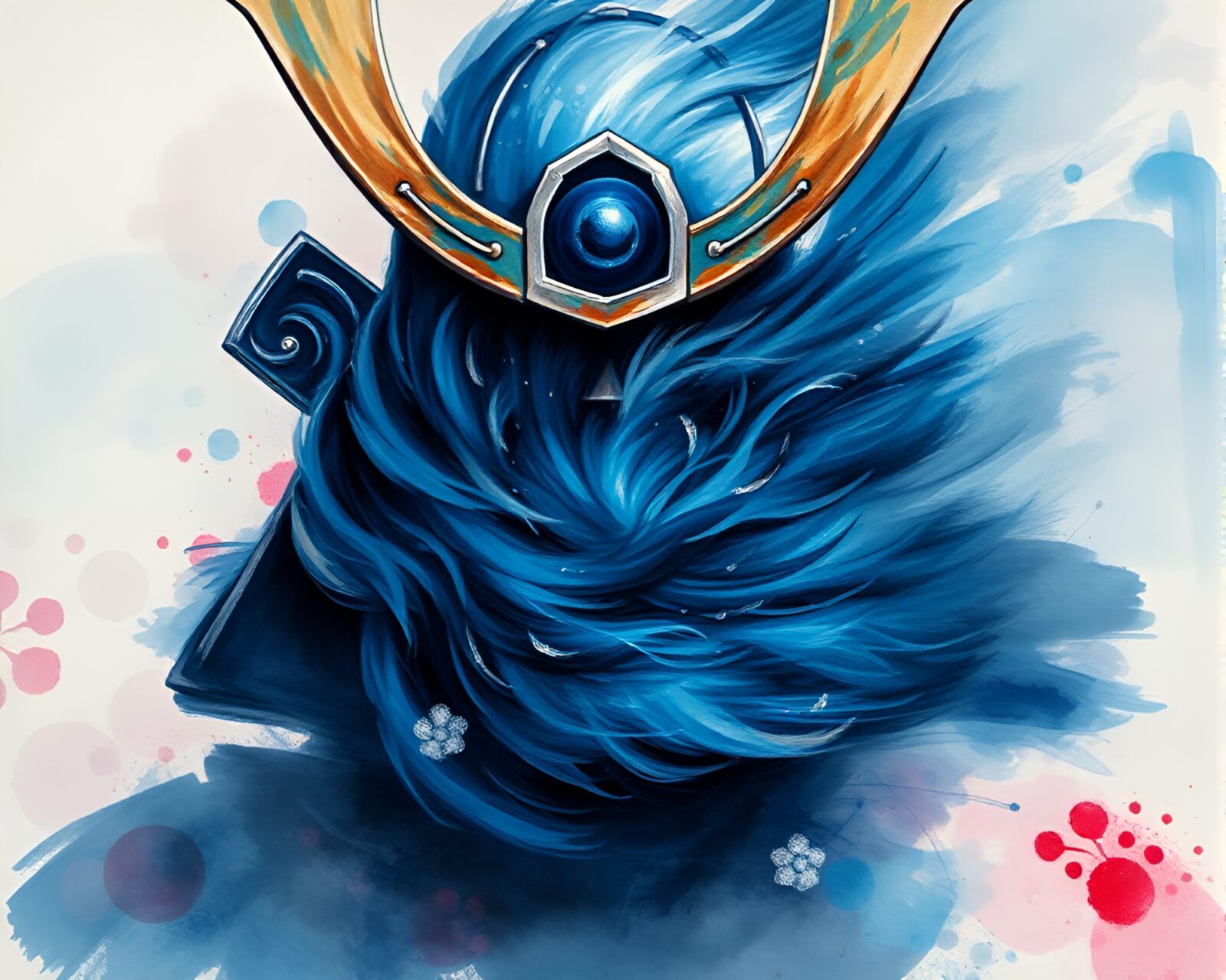 Mystical sapphire-toned samurai helm in watercolor style
