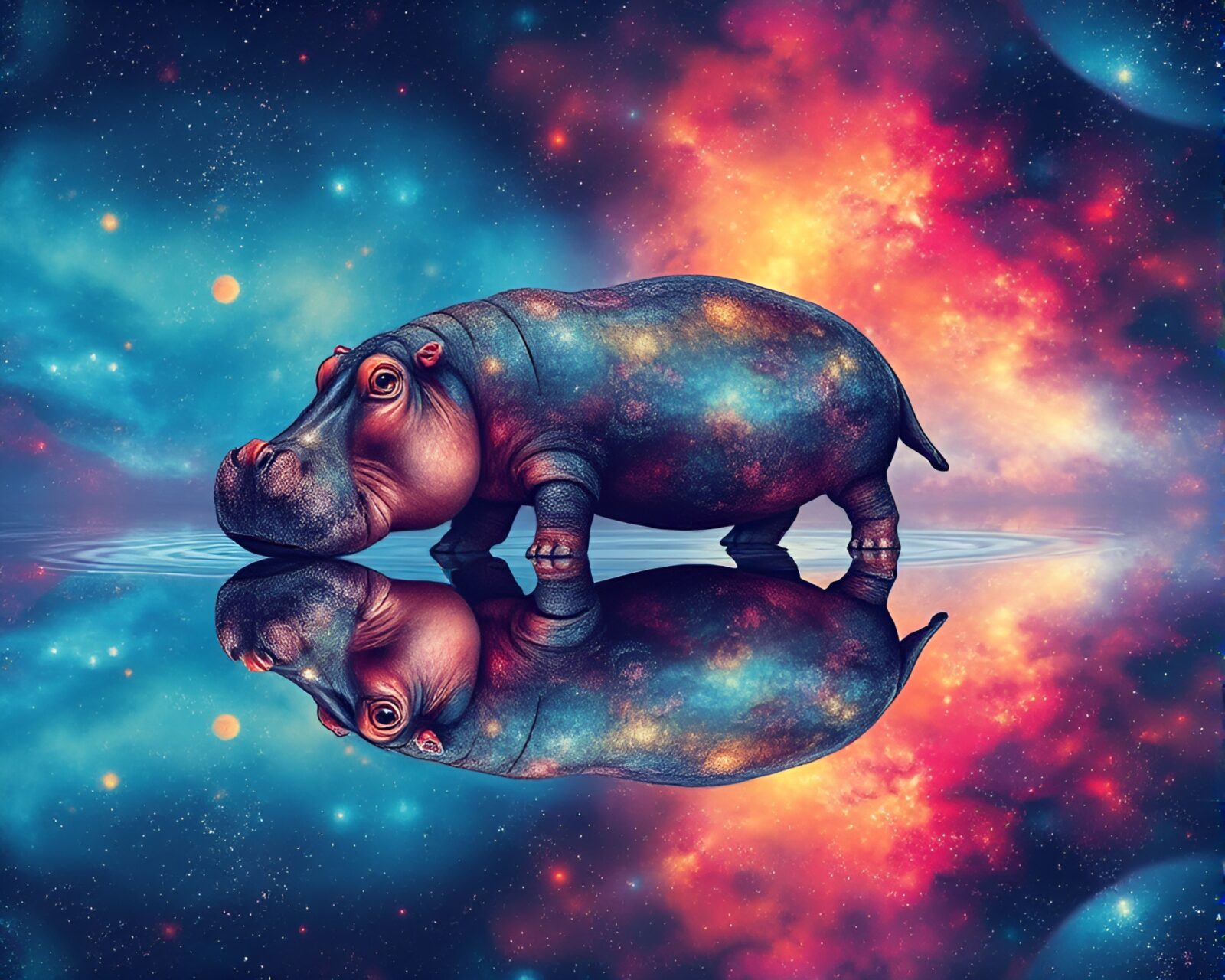 A mystical scene of a hippopotamus reflected in galaxy colors