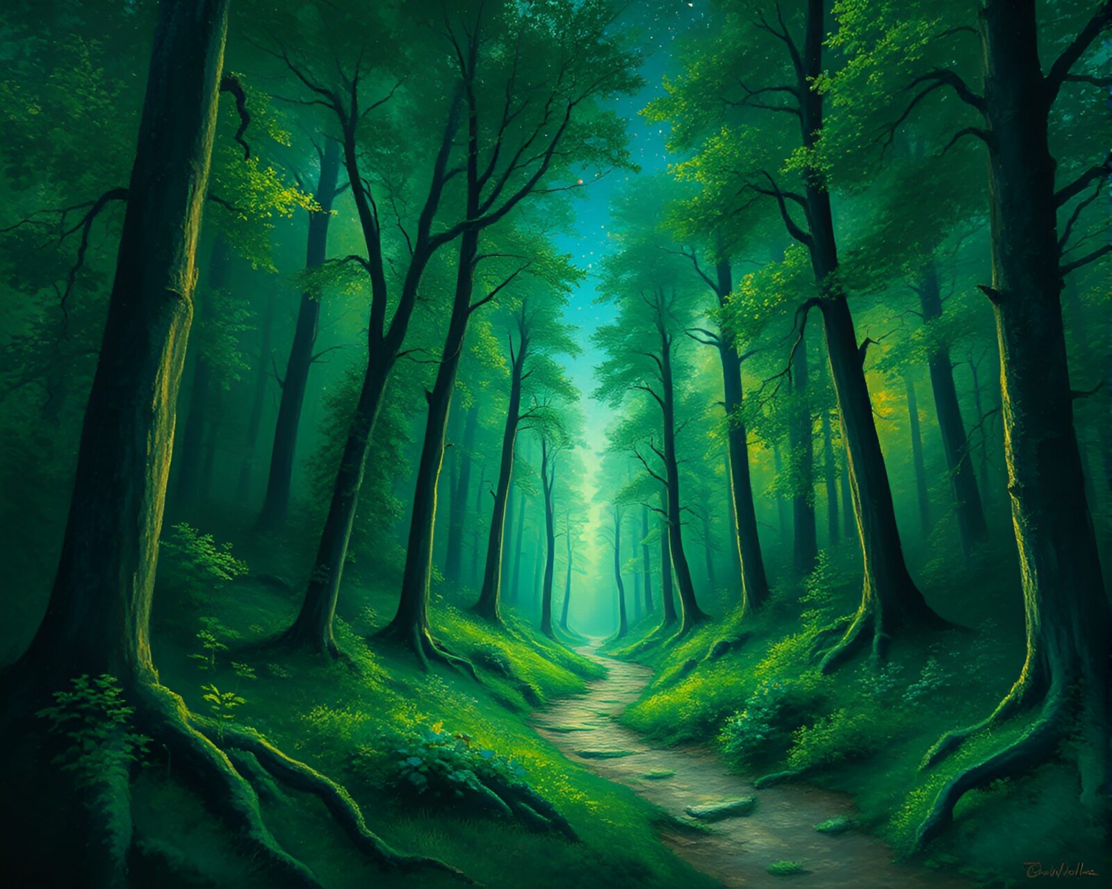 Colorful impressionist space habitat with lush forest greenery