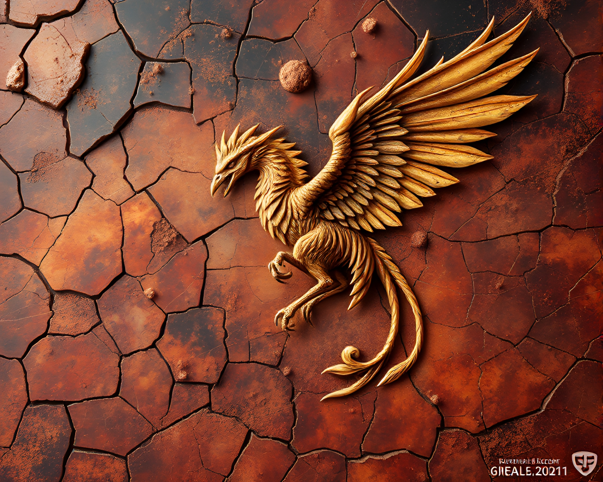 Gryphon Amid Cosmic Dust on Cracked Earth – free AI stock image