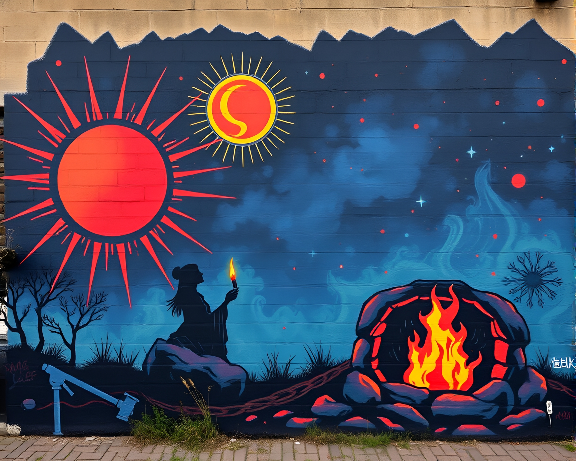 Solar Eclipse Graffiti: Tattoo Flash Art on a Fireplace – free AI stock image