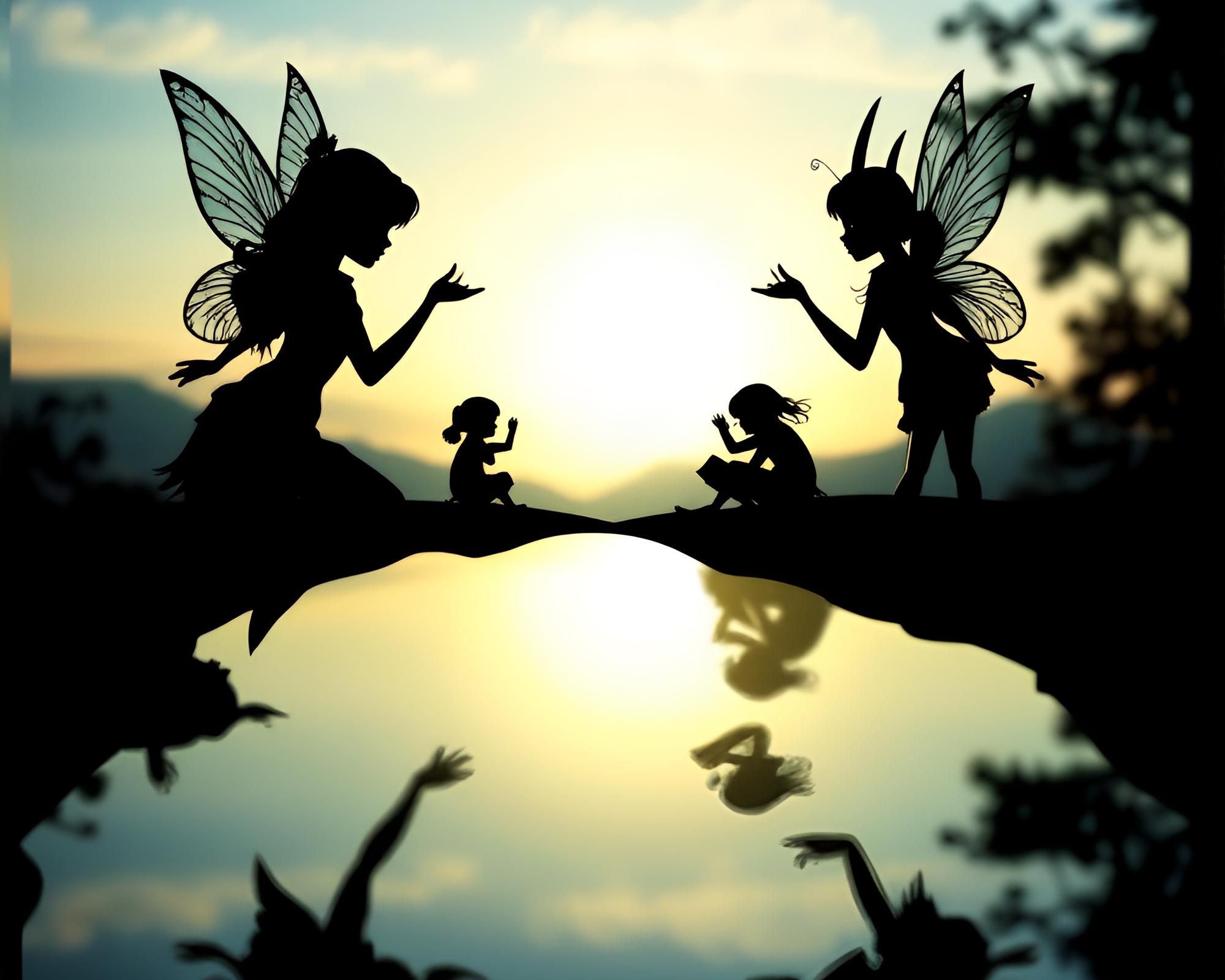Prismatic Fairy Silhouette Reflection in Lithography – free AI stock image