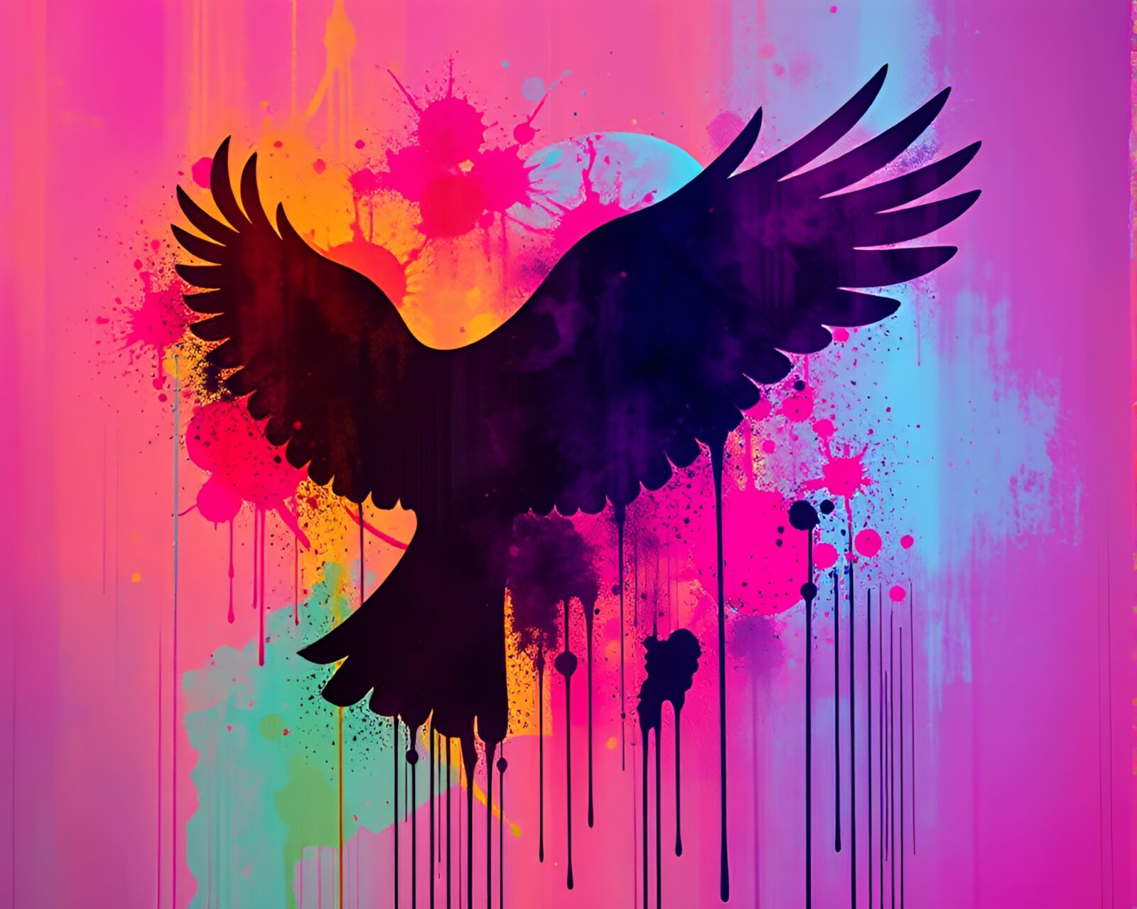 Shadowed falcon against vibrant spray painted cityscape