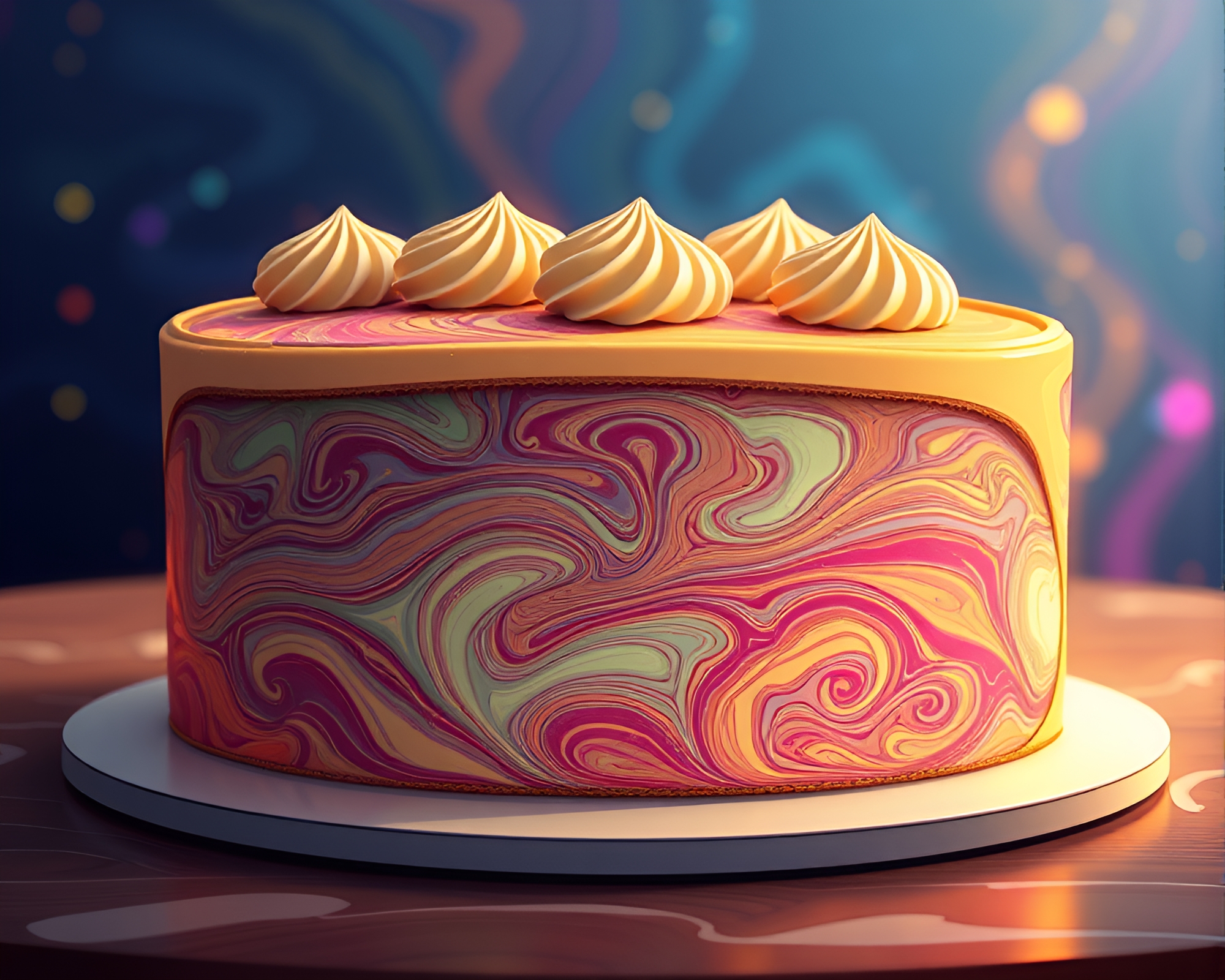 Fiber Optics Marbled Cake: Cartoon Bliss – free AI stock image