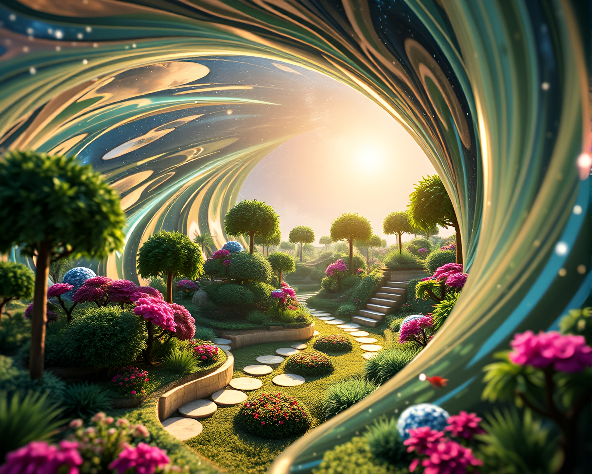 Whirlwind Garden Oasis with Glossy Highlights – free AI stock image