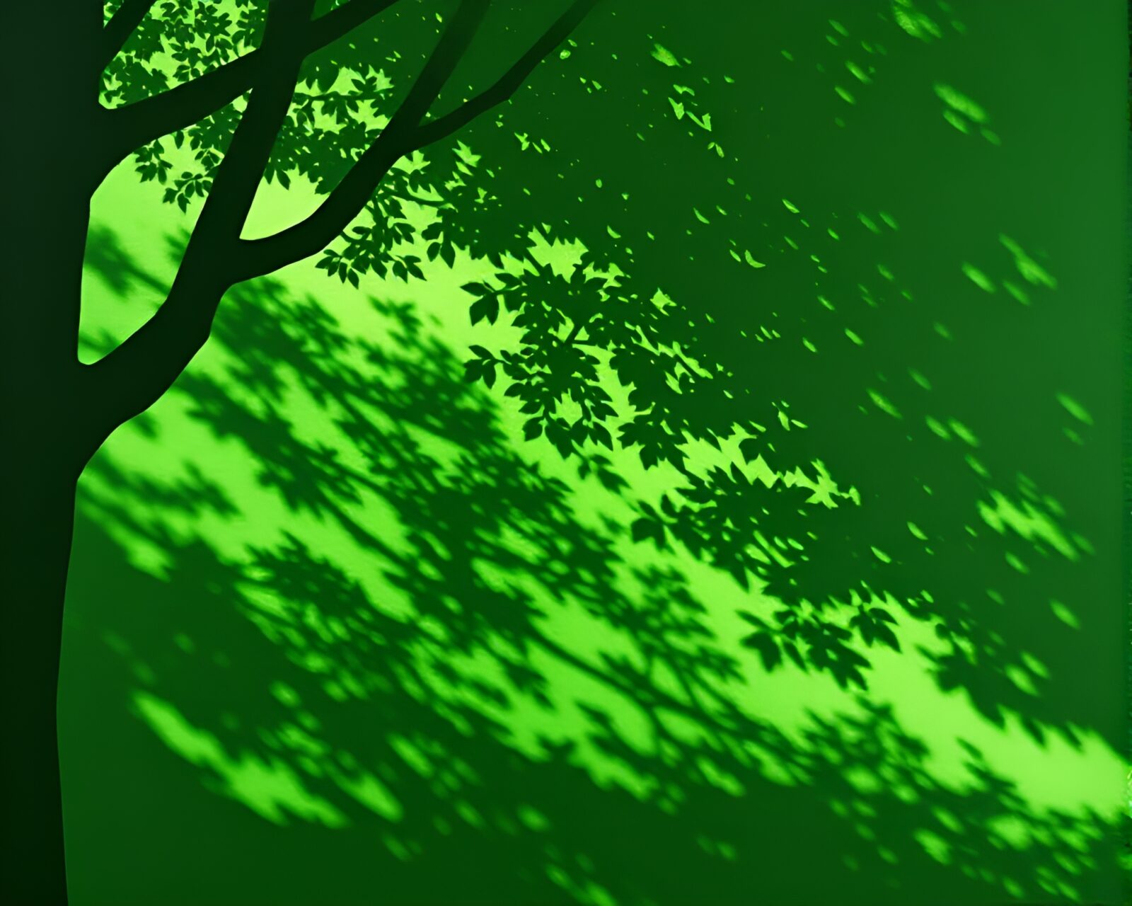 Vibrant forest-green scene with swirling shadows of umbrella in motion
