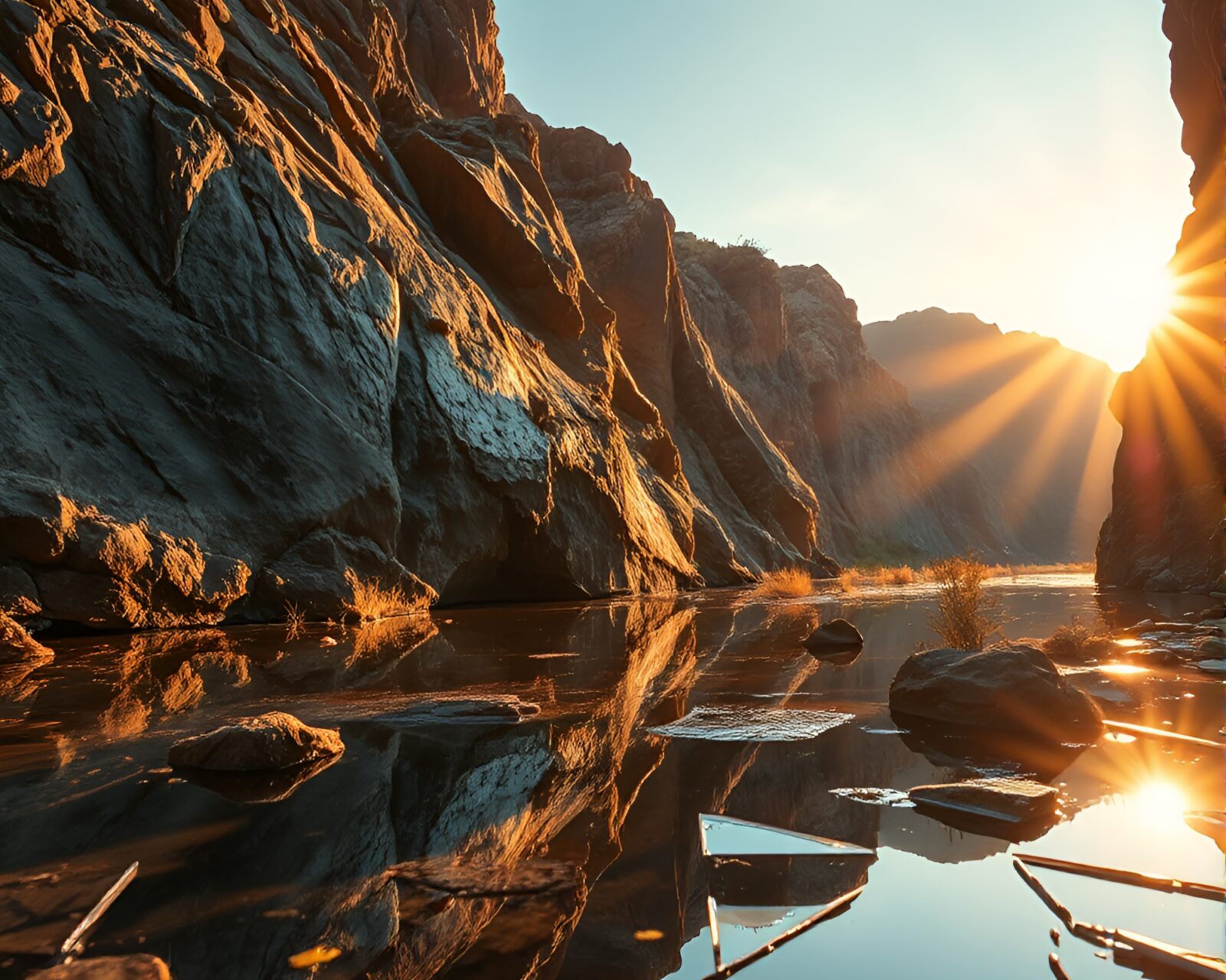 Fantastical canyon with broken glass reflections at sunset