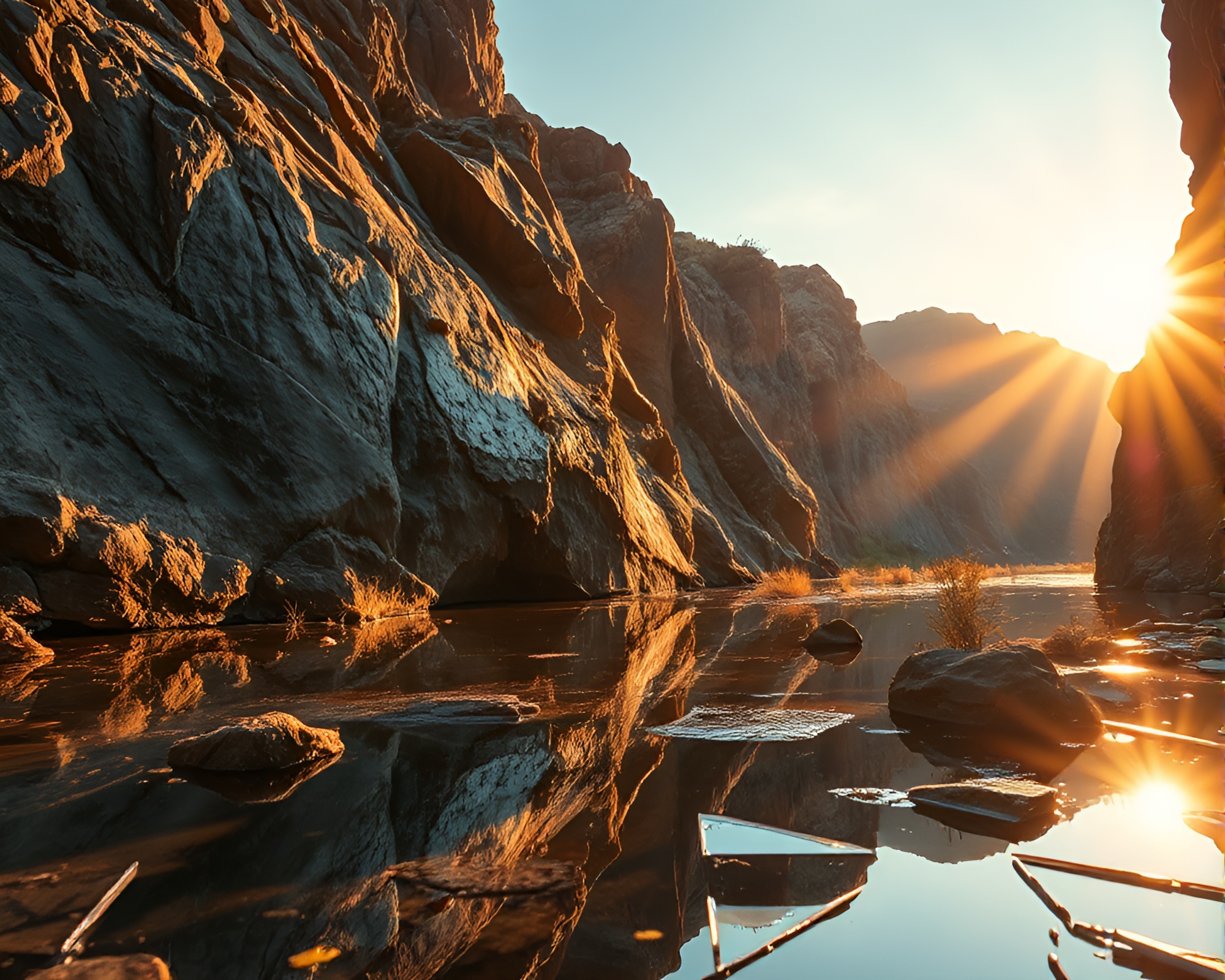 Iridescent Canyon Reflections in Golden Hour – free AI stock image