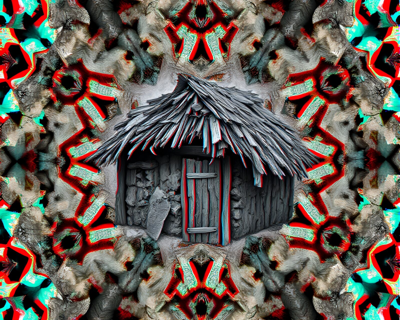 Anaglyph 3D rendering of mud hut in broken kaleidoscope fragments