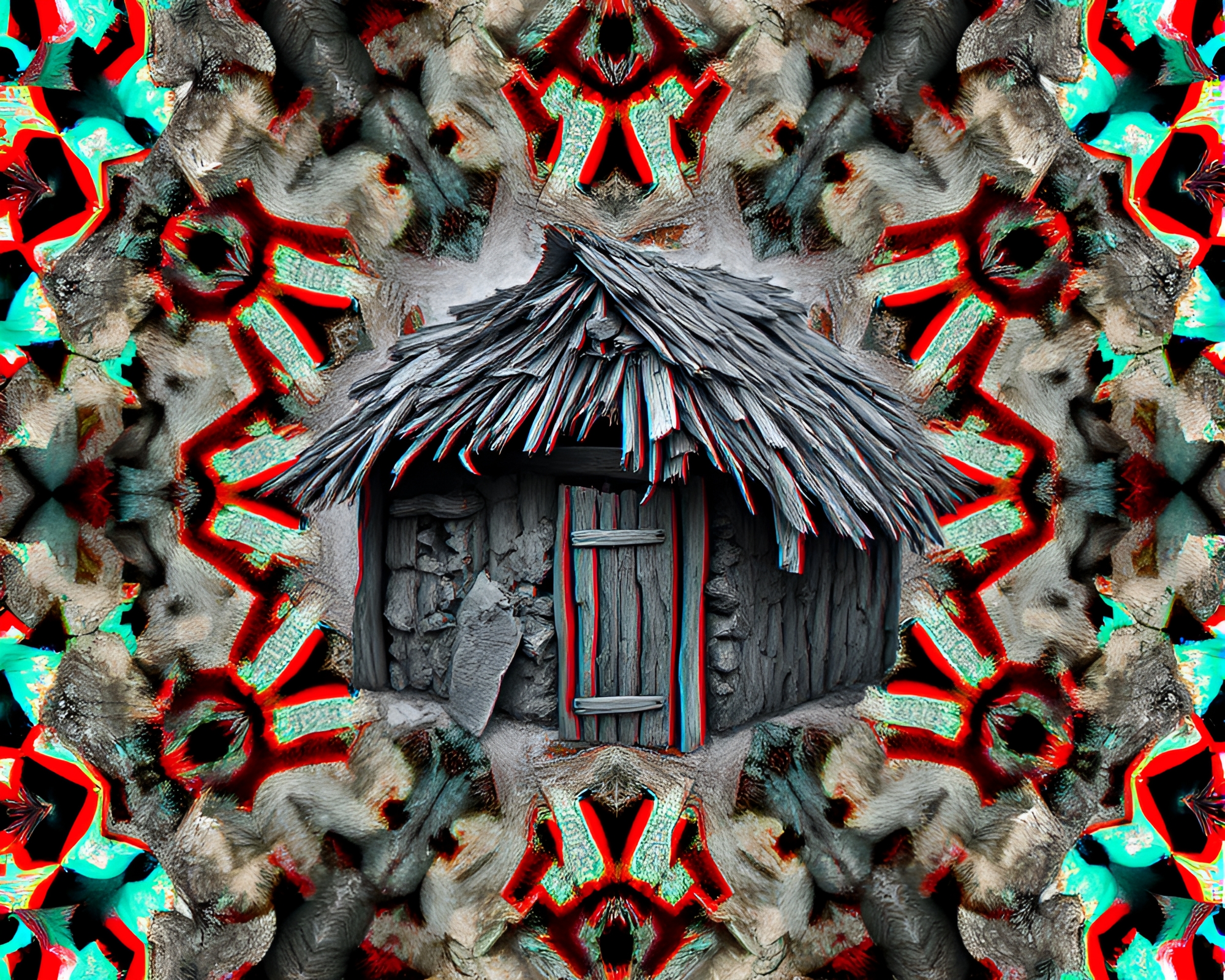 Mud Hut Kaleidoscope Fragments in Graphite Gray Anaglyph 3D – free AI stock image