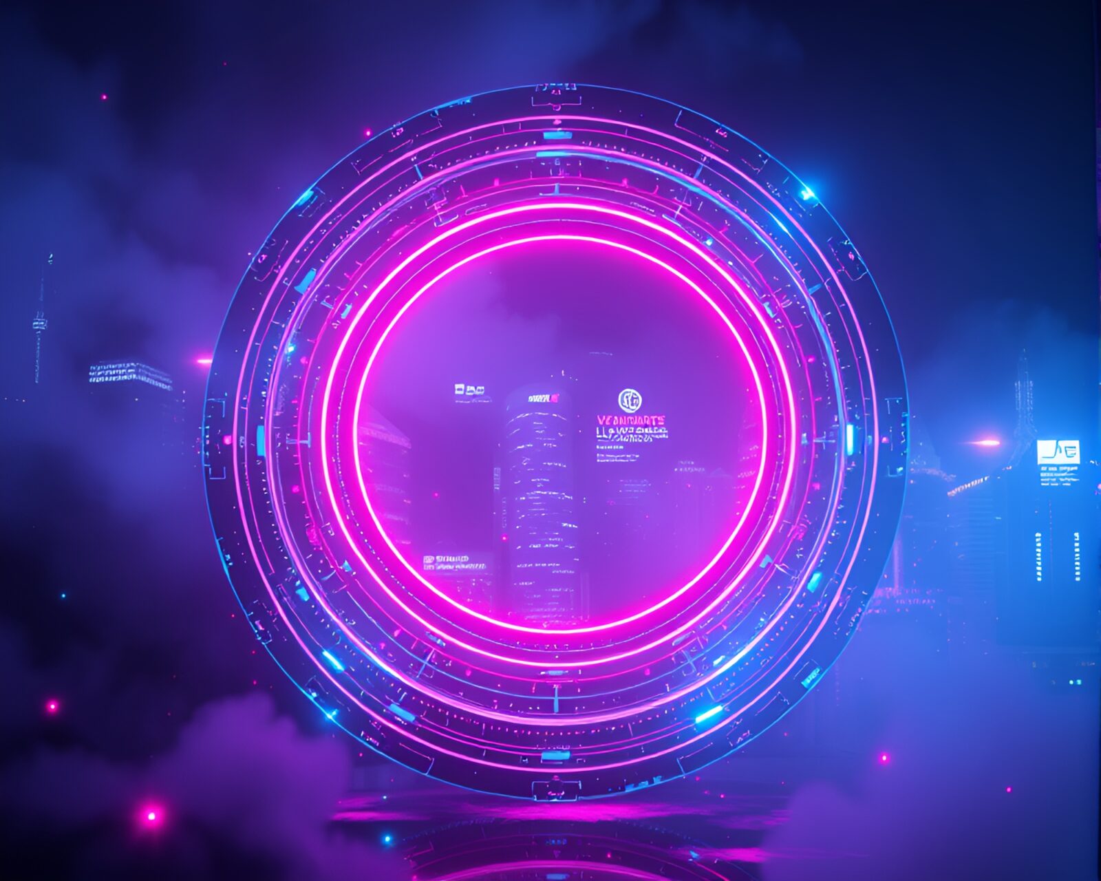Vibrant neon holograms portraying futuristic urban skyline