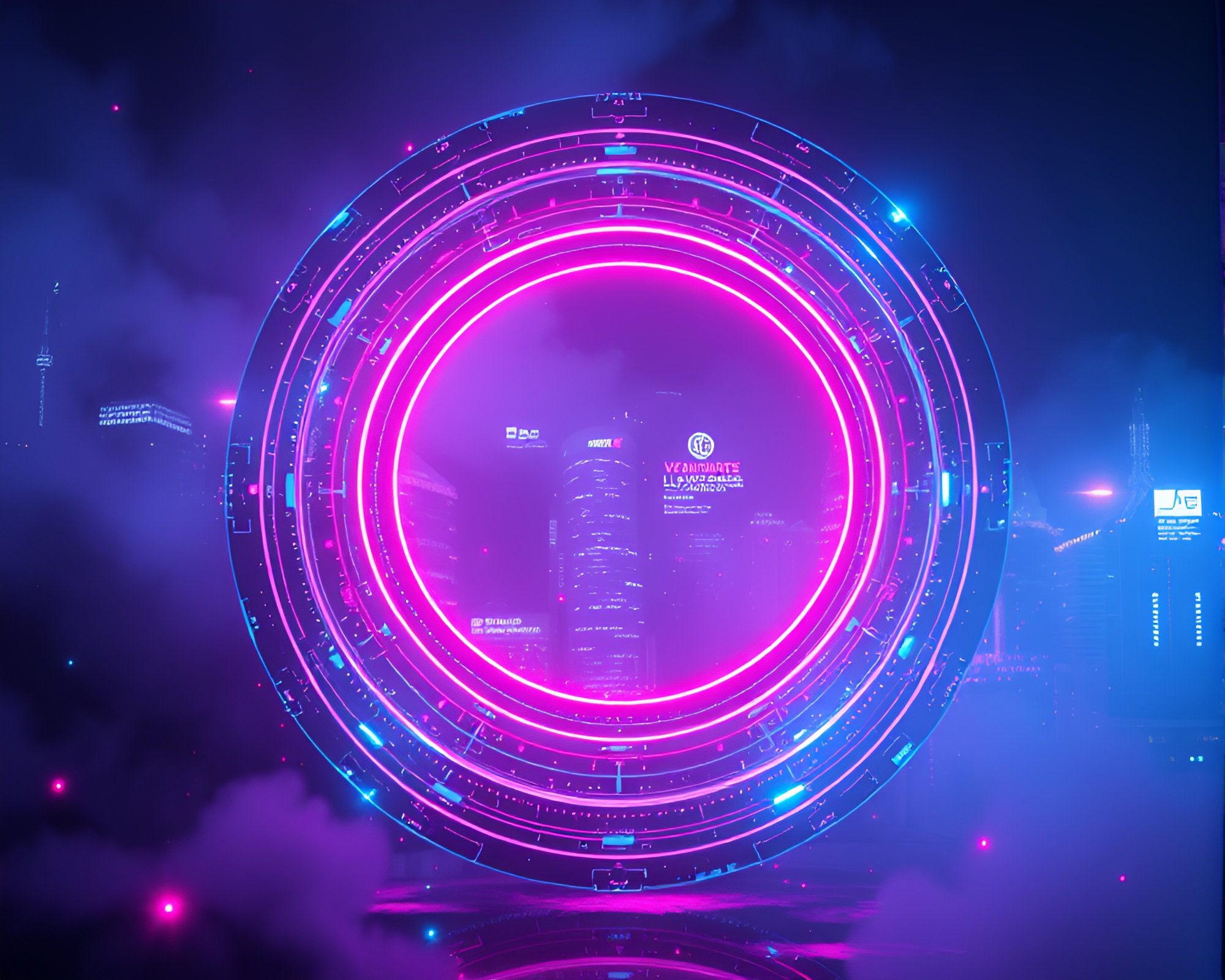 Dystopian Holographic City in Circular Frame – free AI stock image