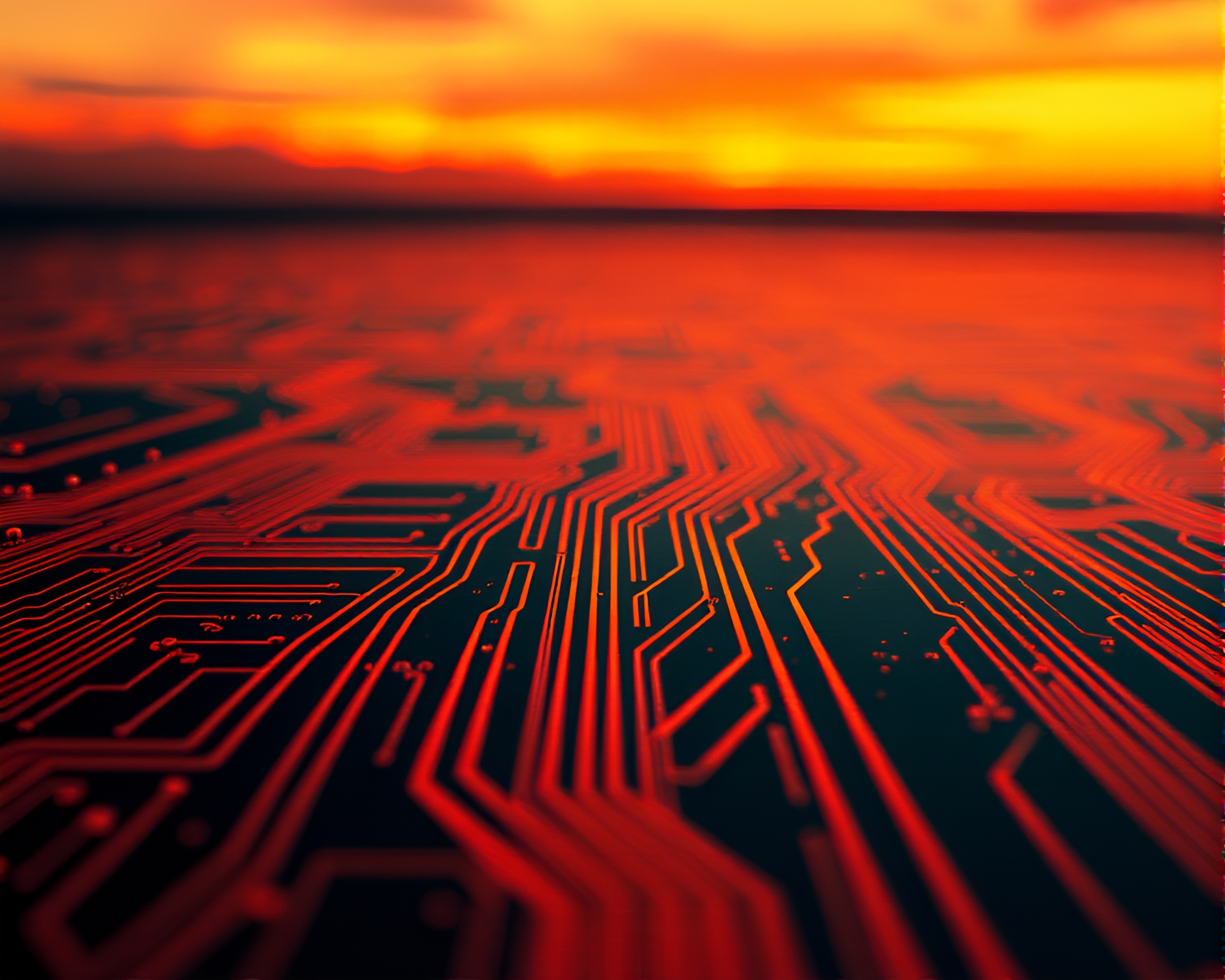 Vintage Car Sunset Glitch Circuit Board Art – free AI stock image
