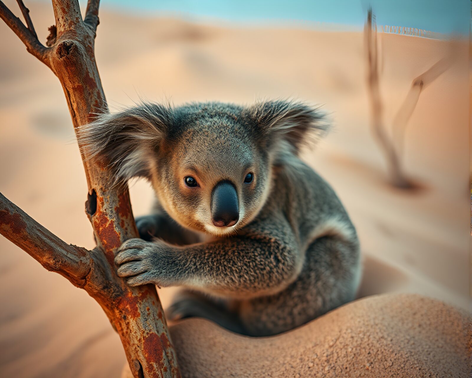 Adorable koala in desert hues with rusted metal backdrop