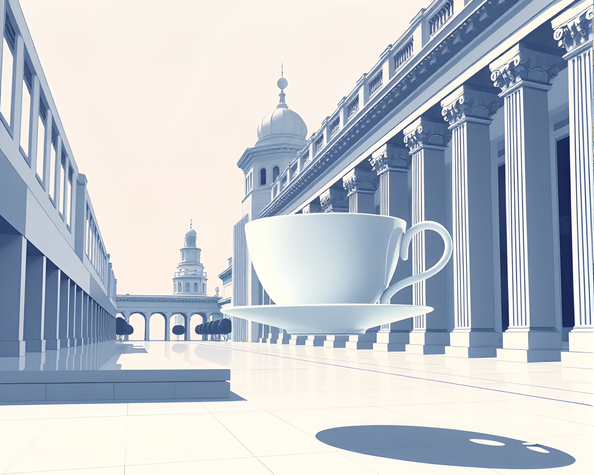 Floating Tea Cup in Minimalist Architectural Rendering – free AI stock image
