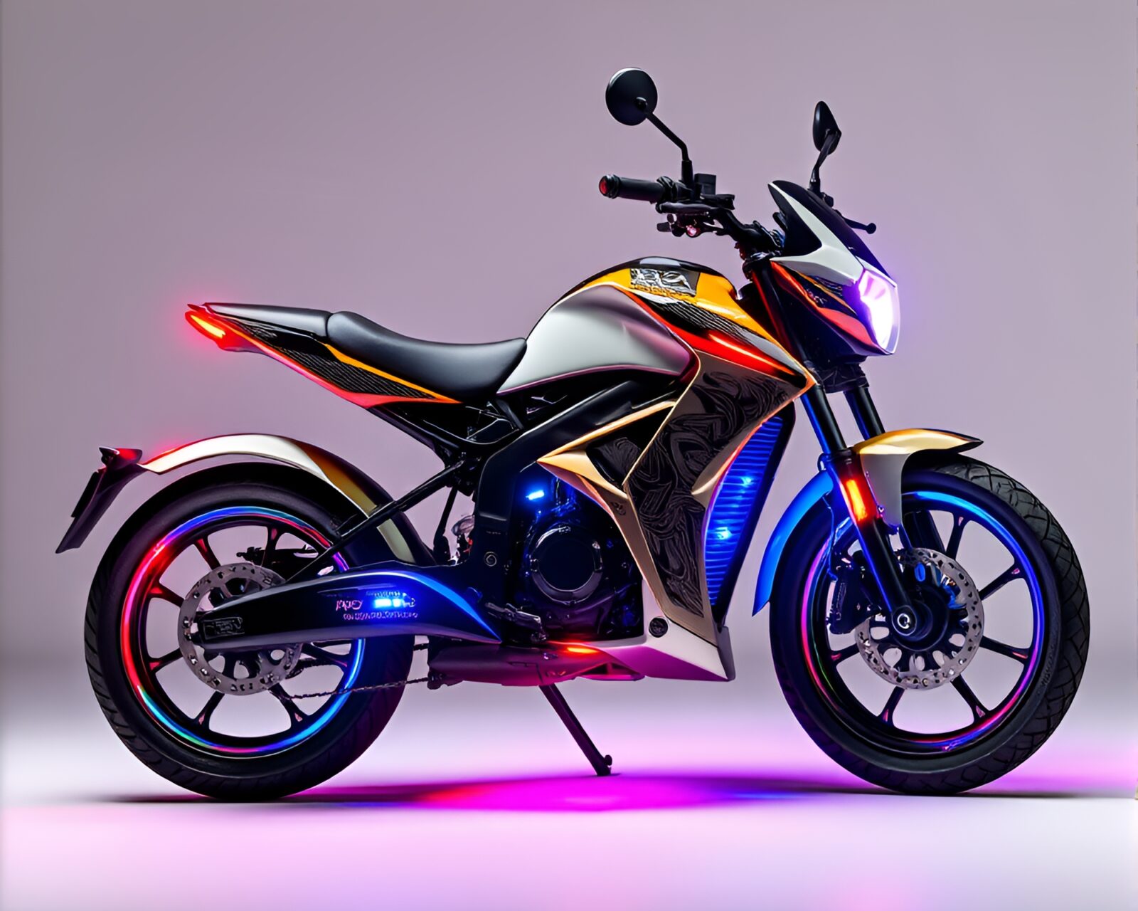 Vibrant neon hoverbikes racing under spotlight in engraved style