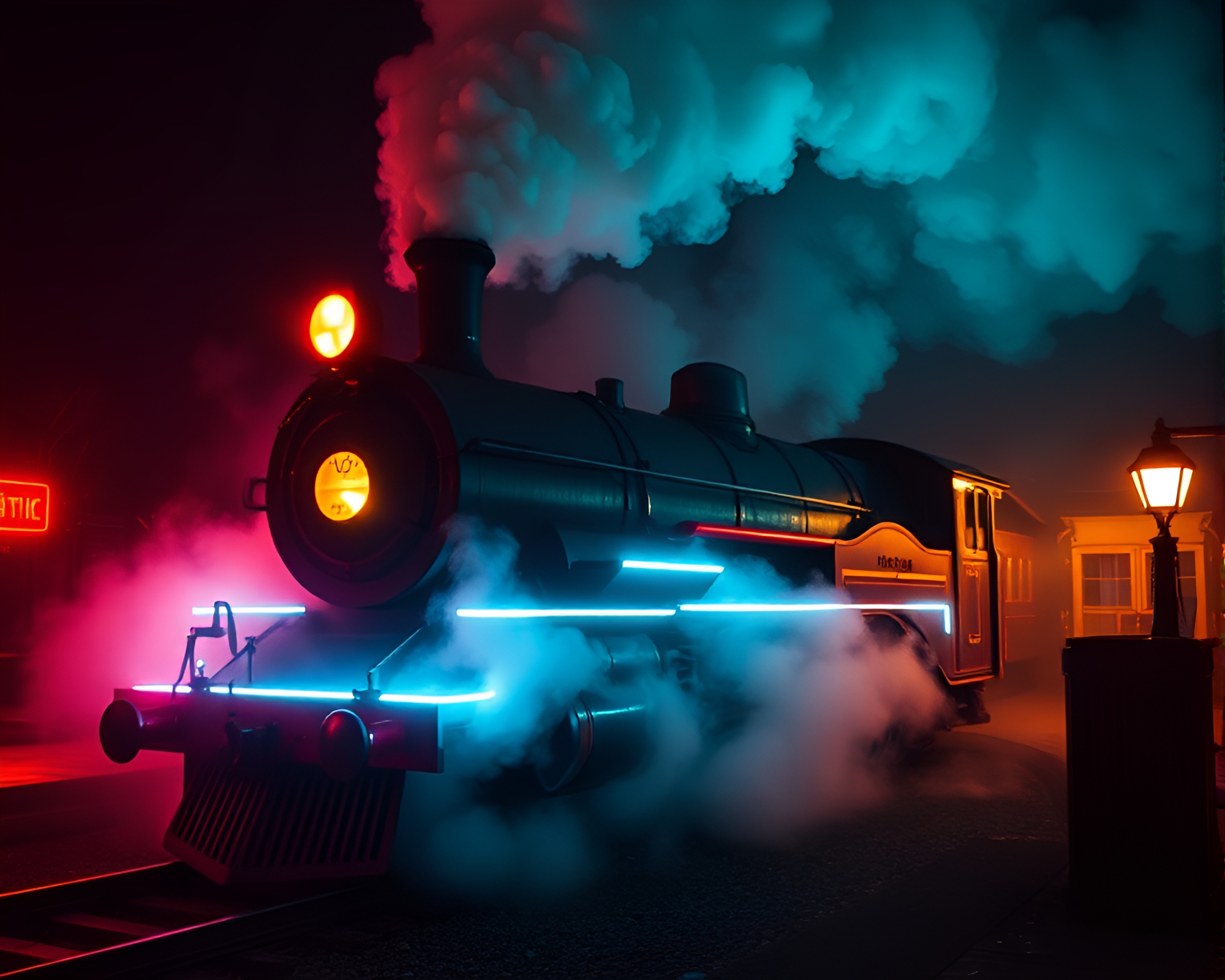 Neon Steam Locomotive in Indigo Mystery – free AI stock image
