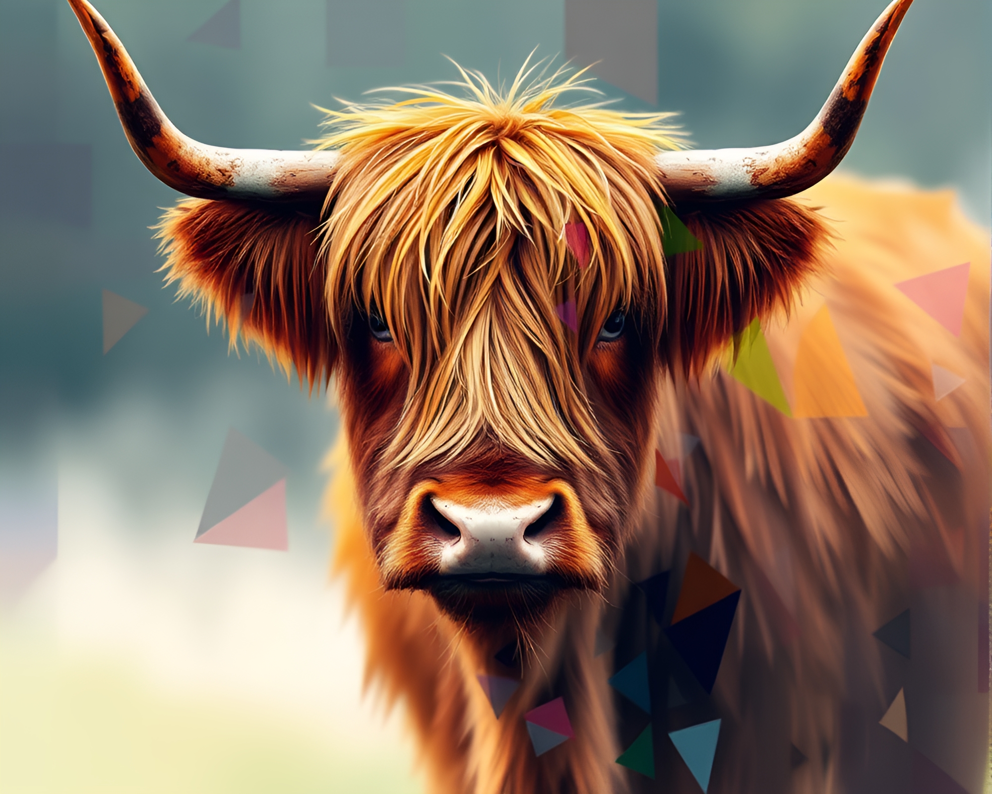 Enigmatic Highland cow amidst shattered glass and glitch – free AI stock image