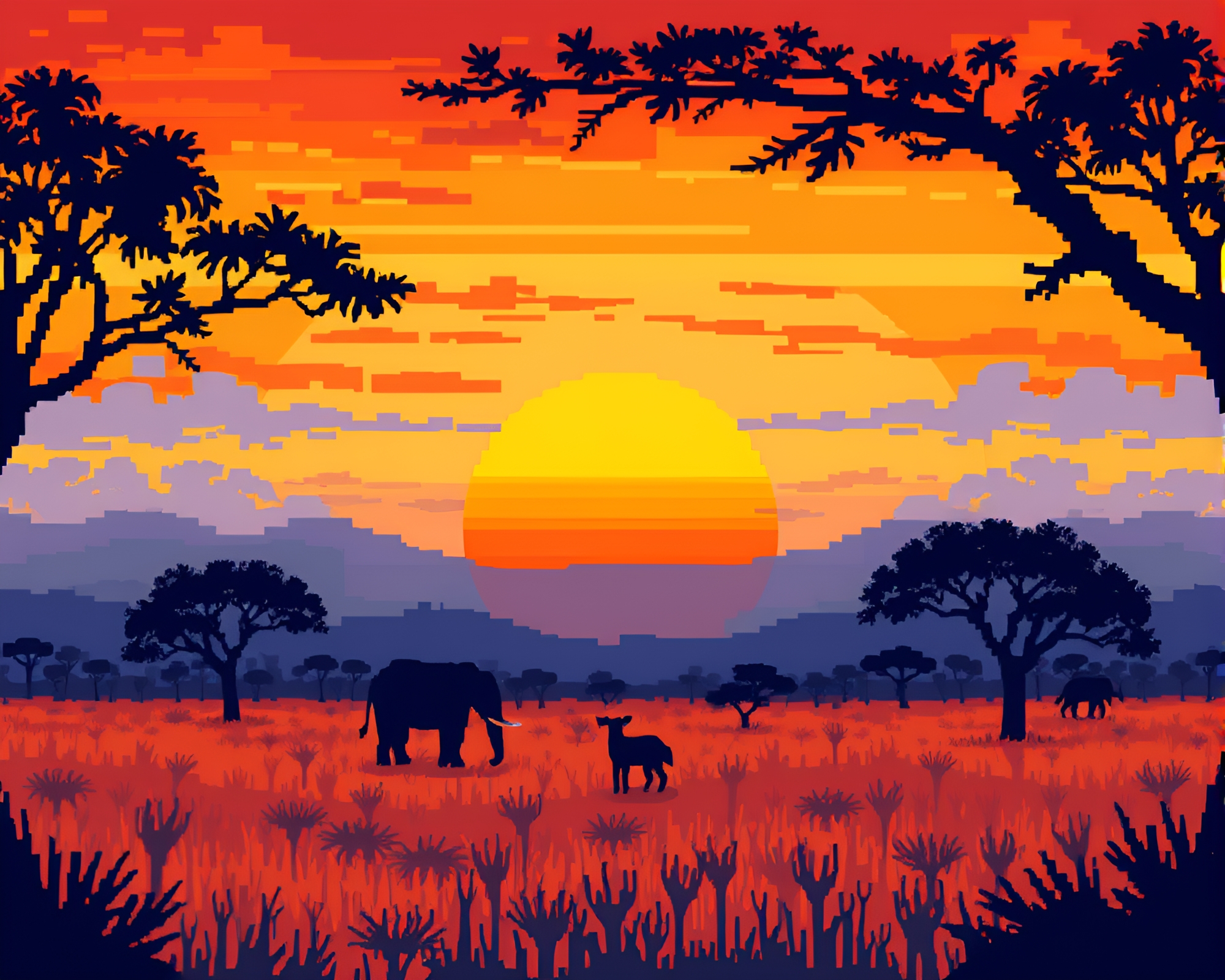 Pixelated Savanna Sunset Mural – free AI stock image