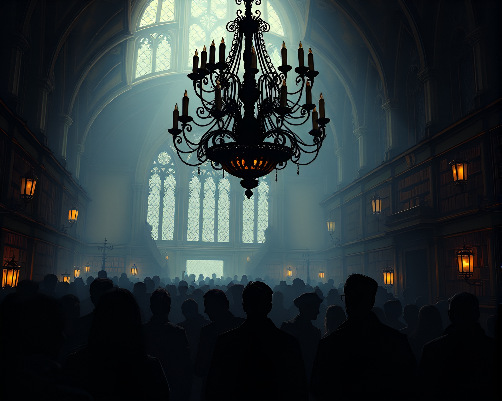 Gothic Chandelier Crowded Library Fantasy Illustration – free AI stock image