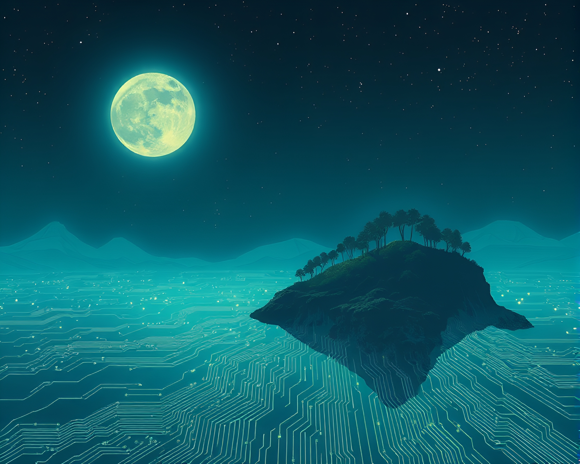Moonlit Floating Island with Circuit Board Traces – free AI stock image