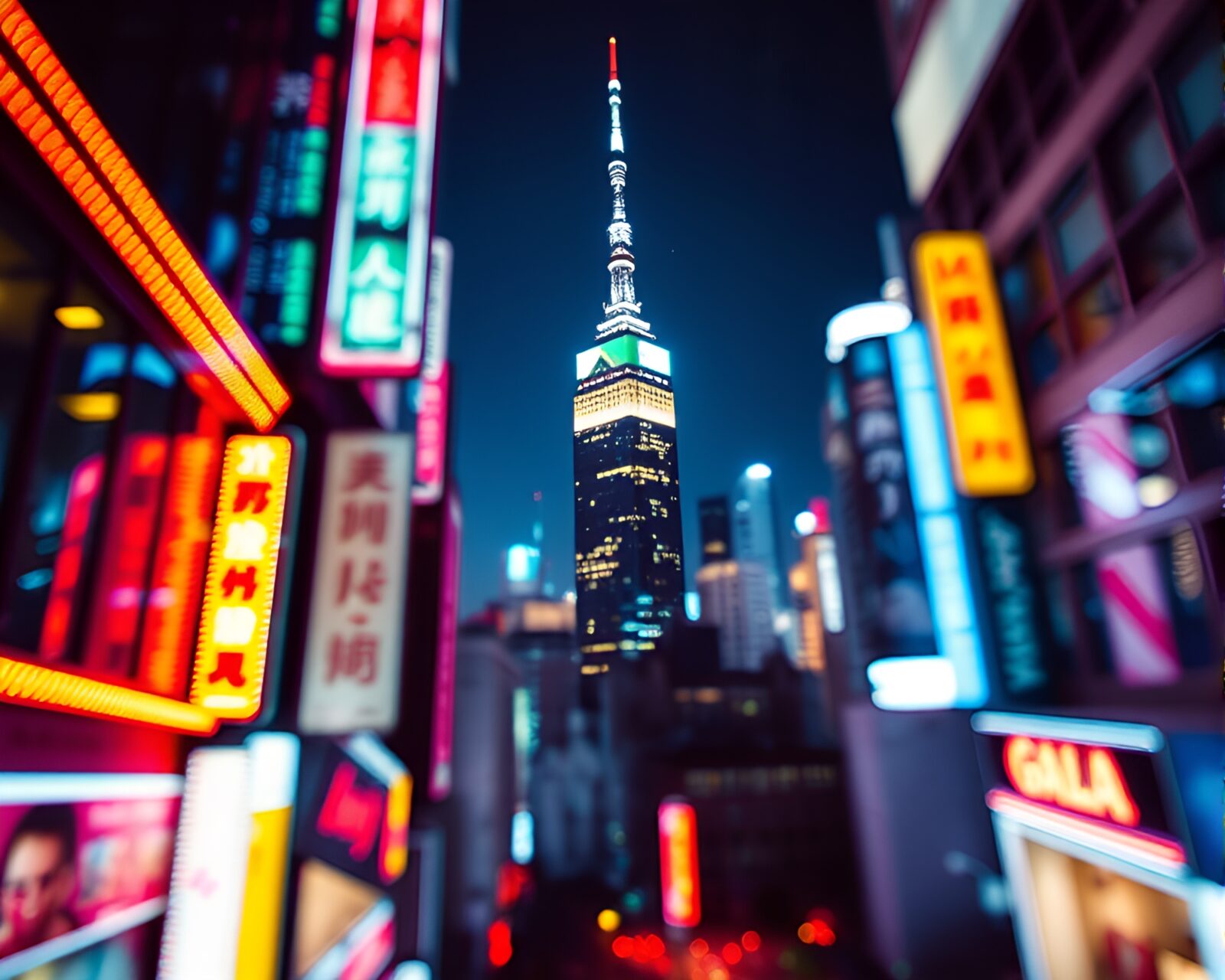Comic book style image of a towering neon cityscape