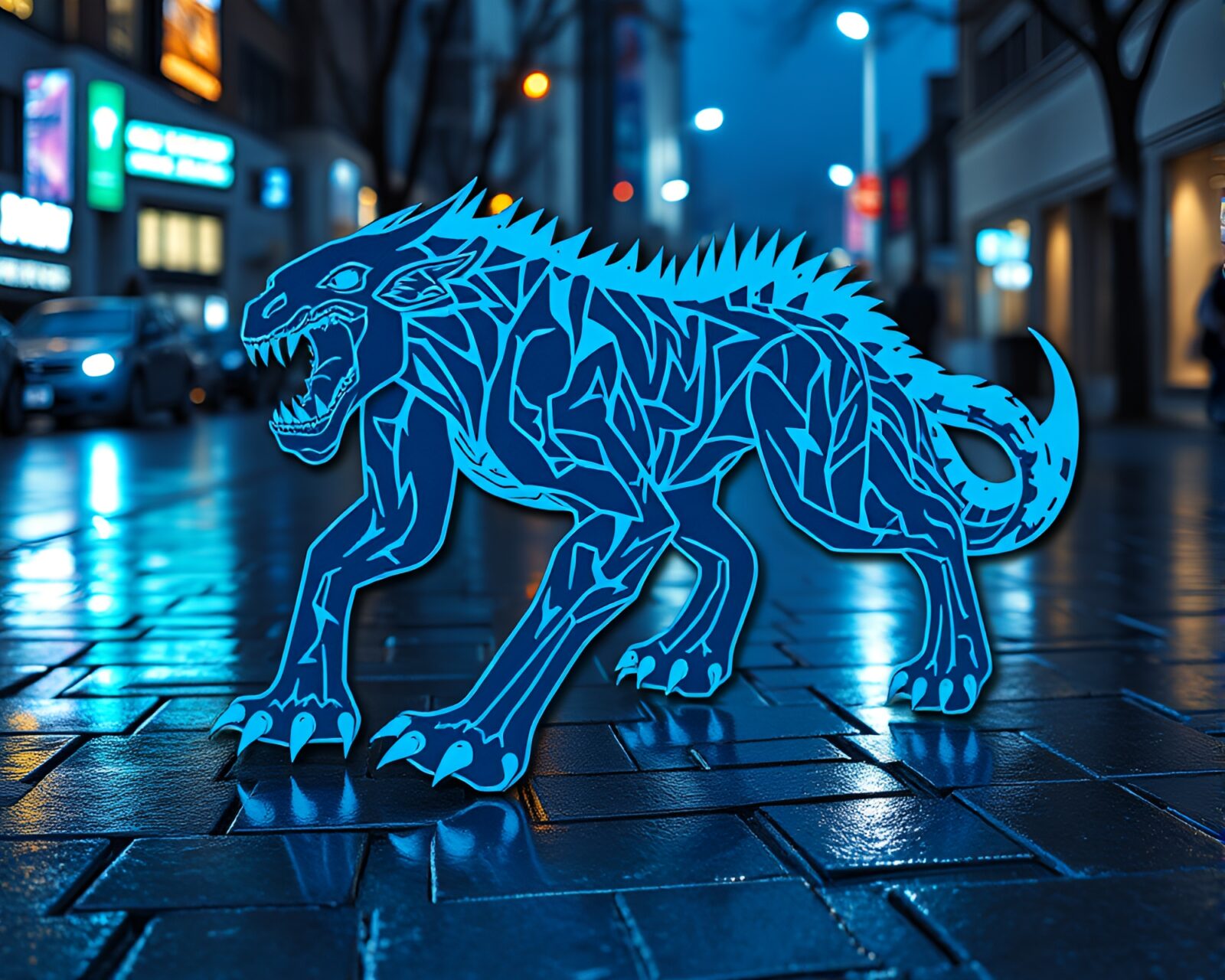 Three-headed dog statue under icy blue lights on wet pavement