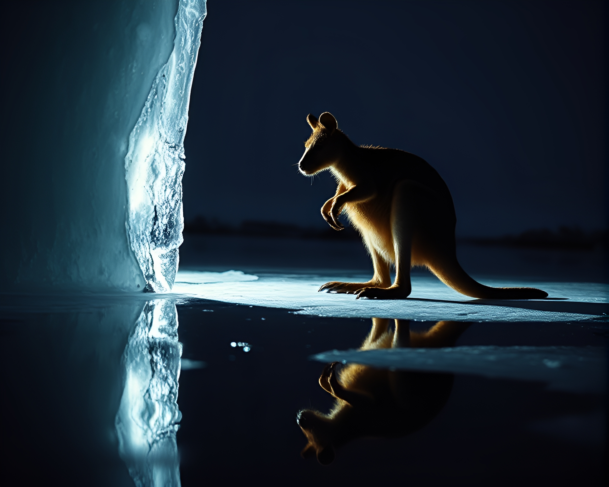 Kangaroo in Ice Reflection Crack with Rim Lighting – free AI stock image