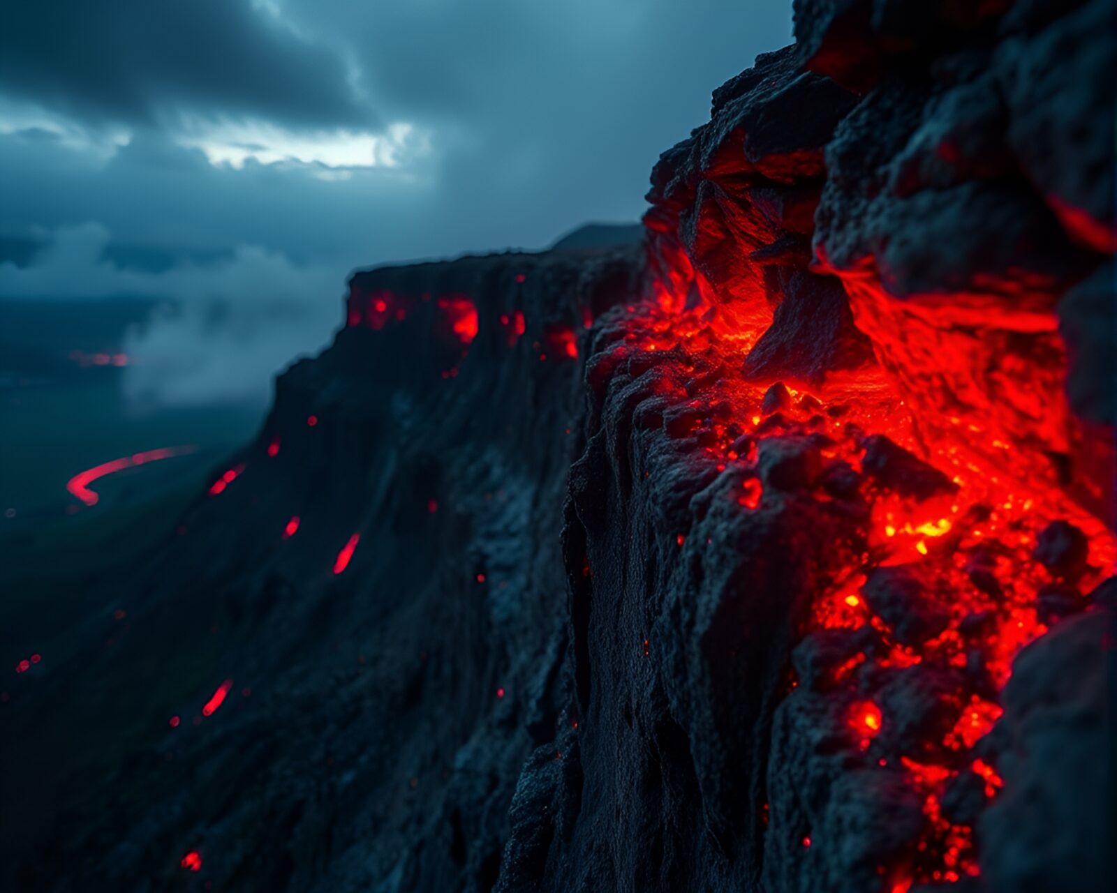 Macro photography of volcanic red embers on cliff edge
