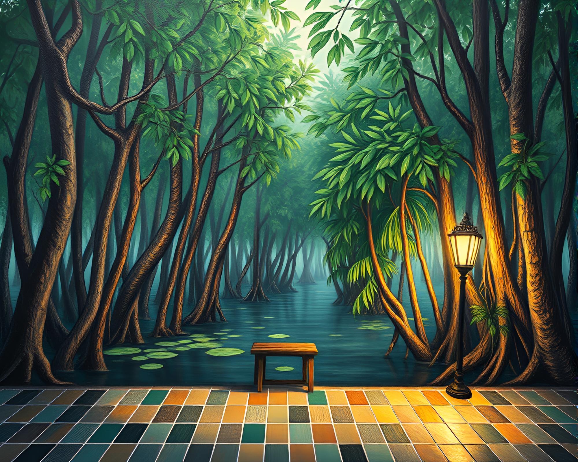 Mangrove Mosaic: Chalkboard Drawing with Warm Porchlight – free AI stock image