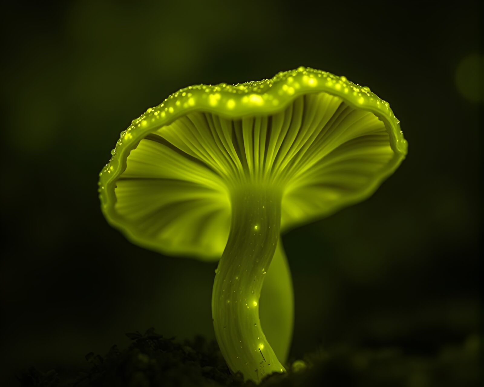 Abstract data visualization of glowing mushrooms in motion blur