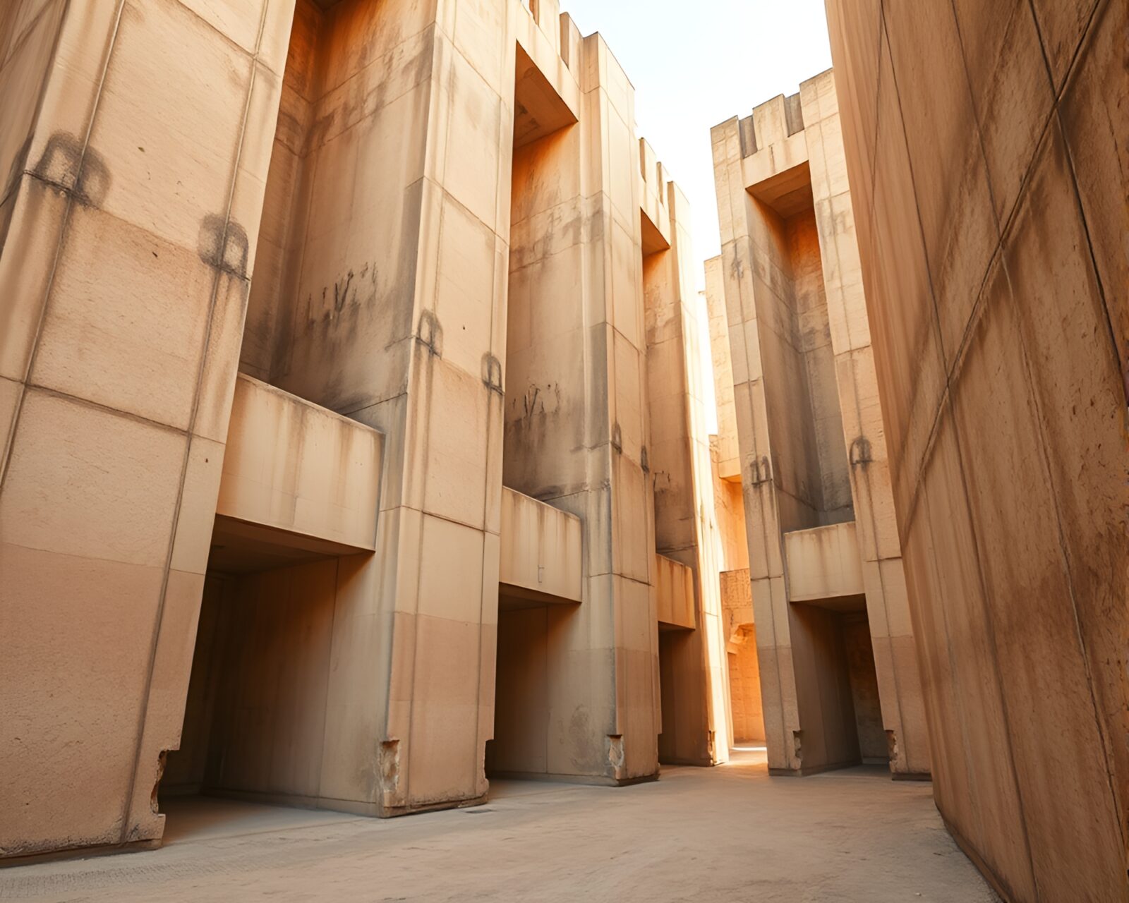 Abstract etching of Brutalist building in natural desert light