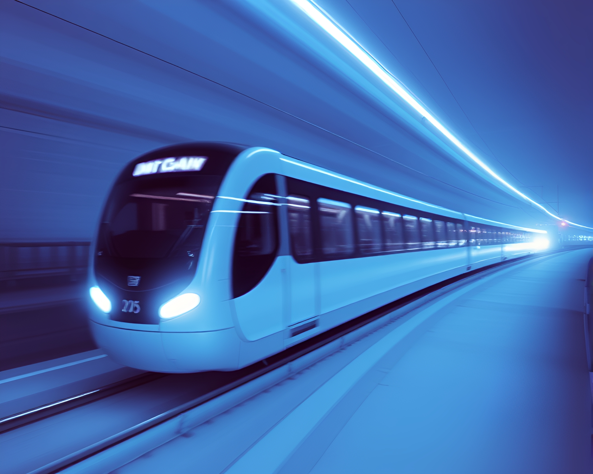 Train Light Trails Over Ocean Blue Hoverboard Adventure – free AI stock image
