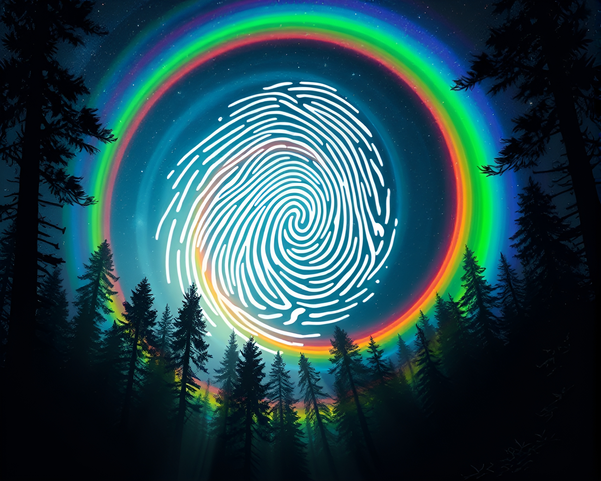 Enchanting Forest Fingerprint Swirl with Cosmic Rainbow – free AI stock image