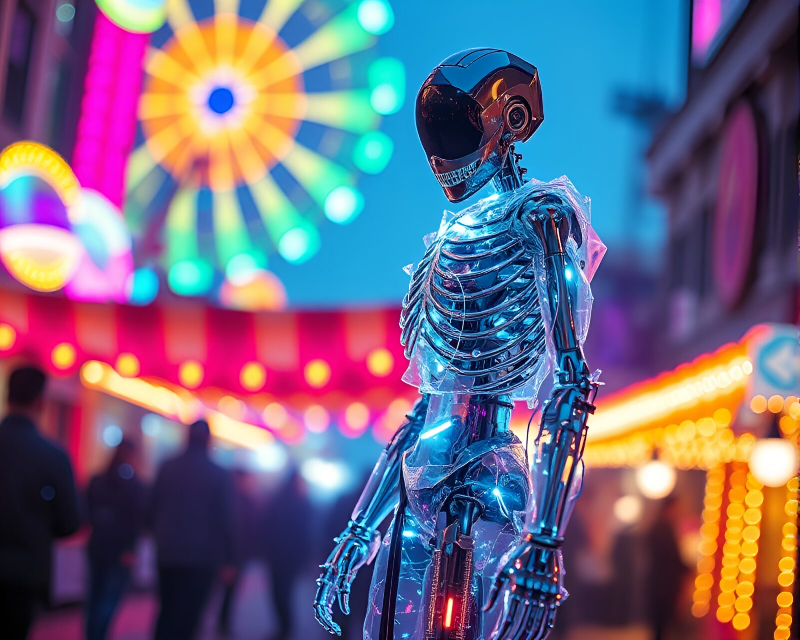 Digital glitch image of exoskeleton suit with carnival lights