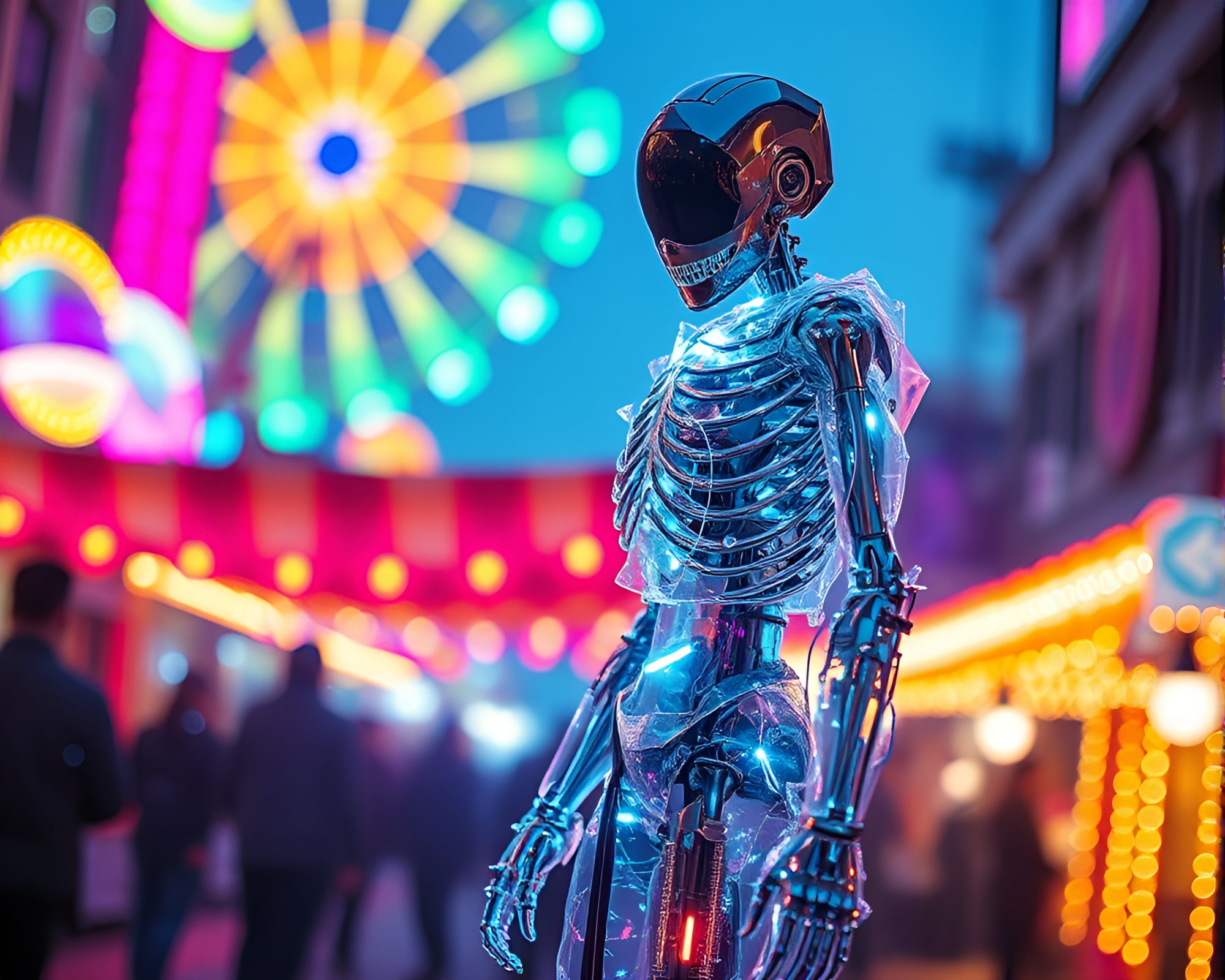 Futuristic Carnival Lights Reflecting on Glass Shards Exoskeleton Suit – free AI stock image