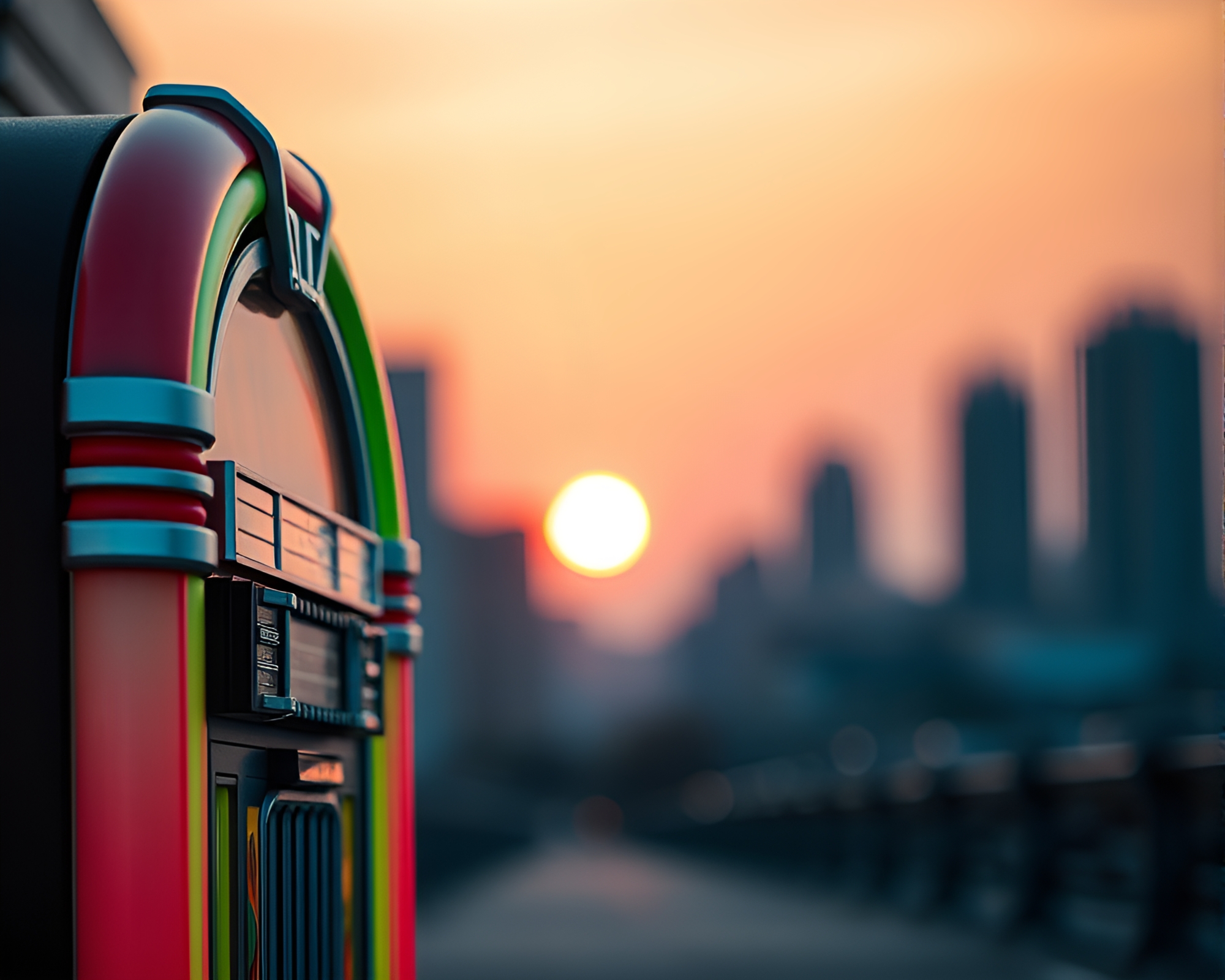 Retro Jukebox Sunset Serenade with Soft Focus Skyline – free AI stock image