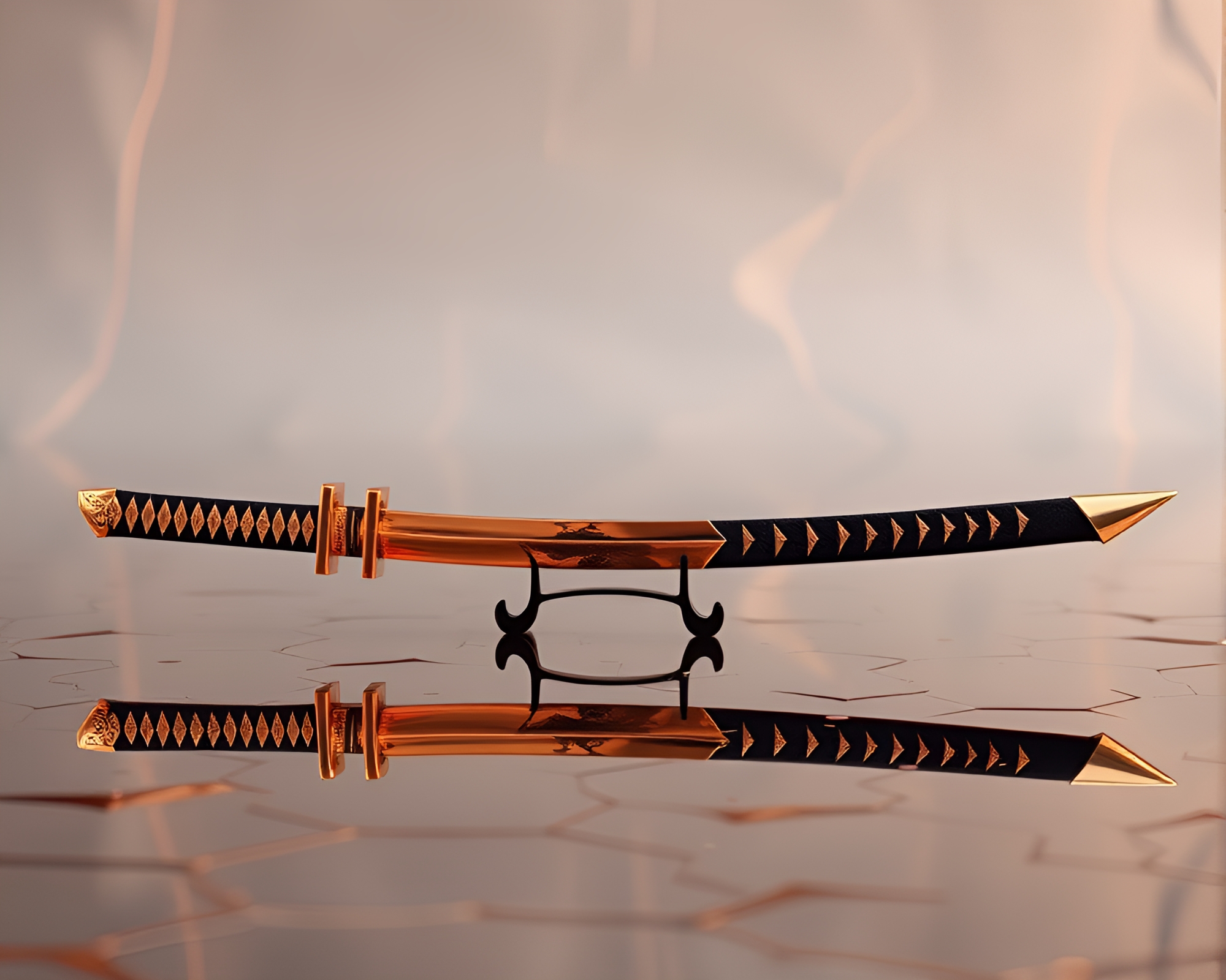Samurai Sword Reflection in Rose Gold Origami Style – free AI stock image