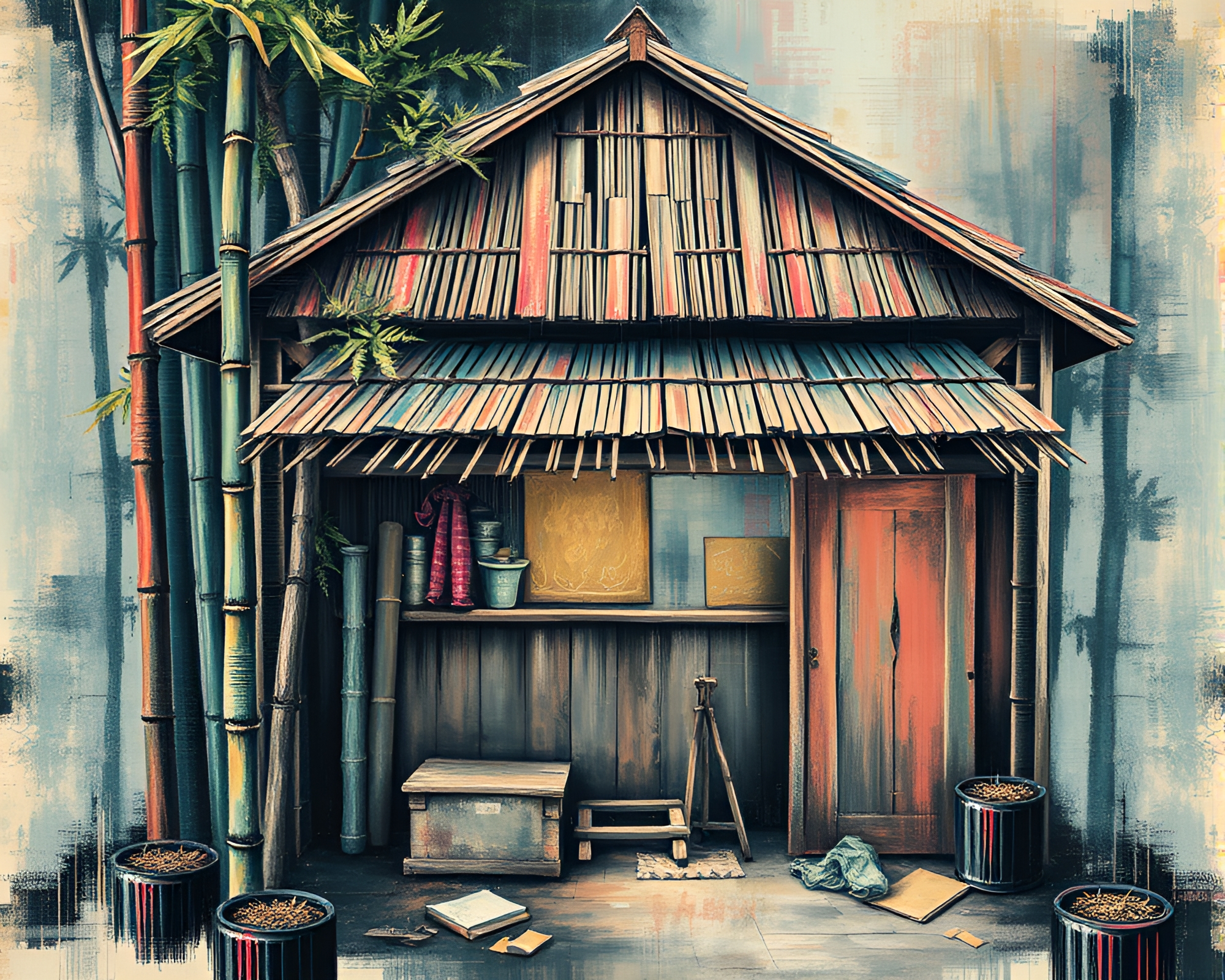 Glitch Art Bamboo Hut Mural Painting – free AI stock image