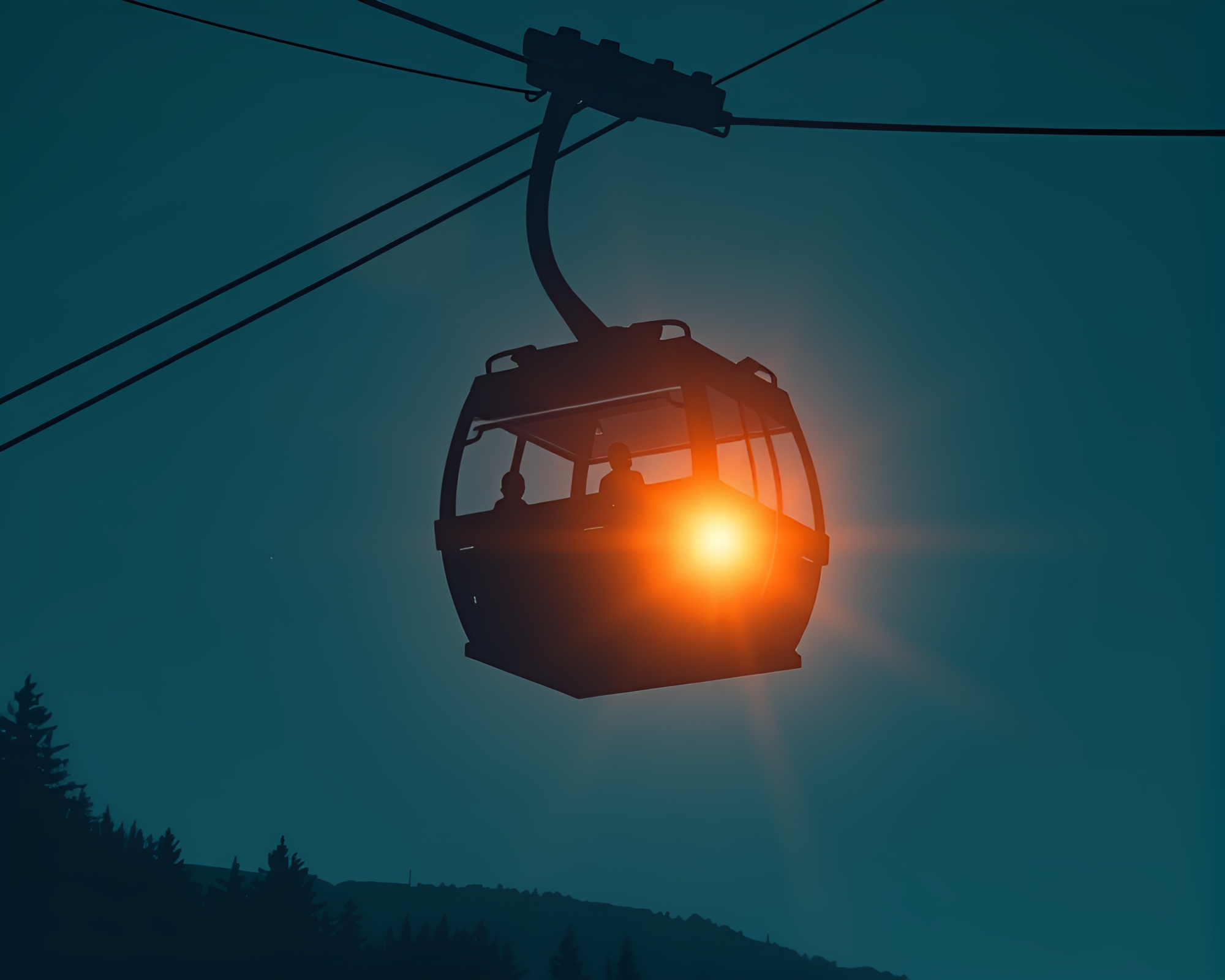Golden Sunset Silhouette: Gondola Lift Lens Flare – free AI stock image