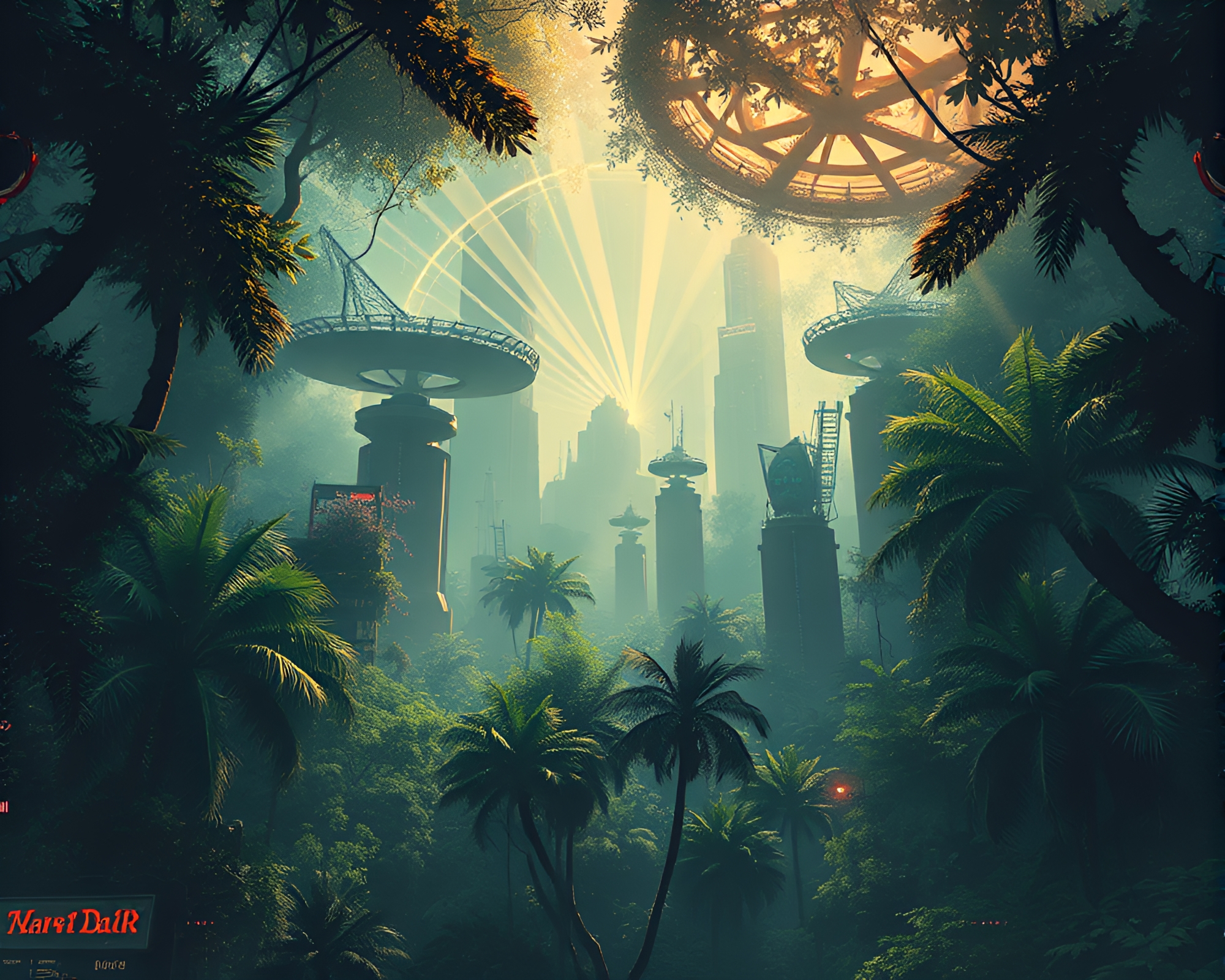 Futuristic Cityscape with Jungle Canopy Shade and Laser Beams – free AI stock image