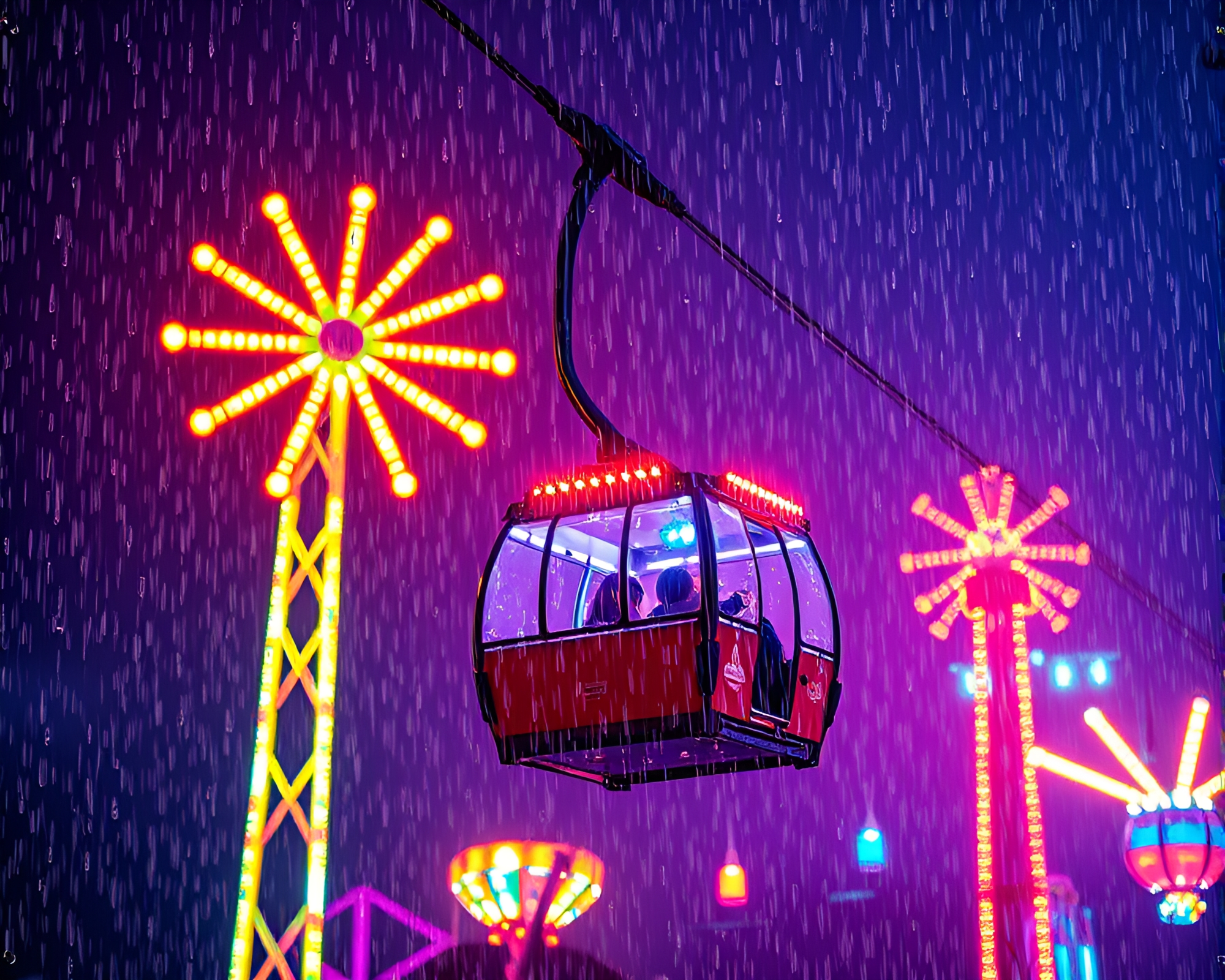 Ethereal Water Droplets: Gondola Lift in Carnival Lights – free AI stock image