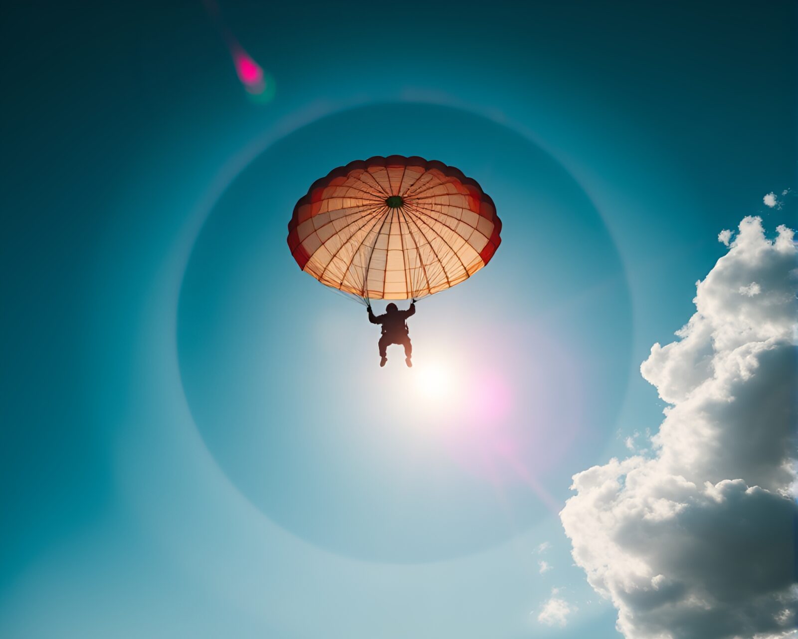 Bold lens flare lights up parachutist against triadic sky
