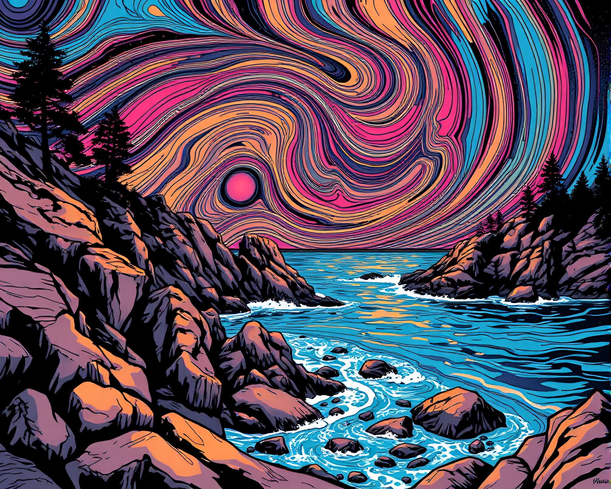 Vibrant Milky Way Over Rocky Coastal Woodcut Print – free AI stock image