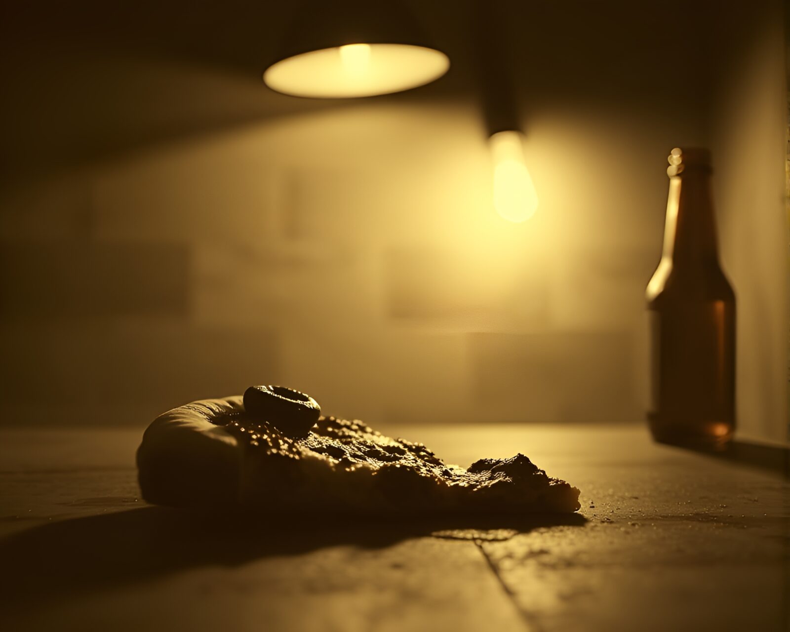 Sepia-tone pizza slice under dramatic lighting in studio