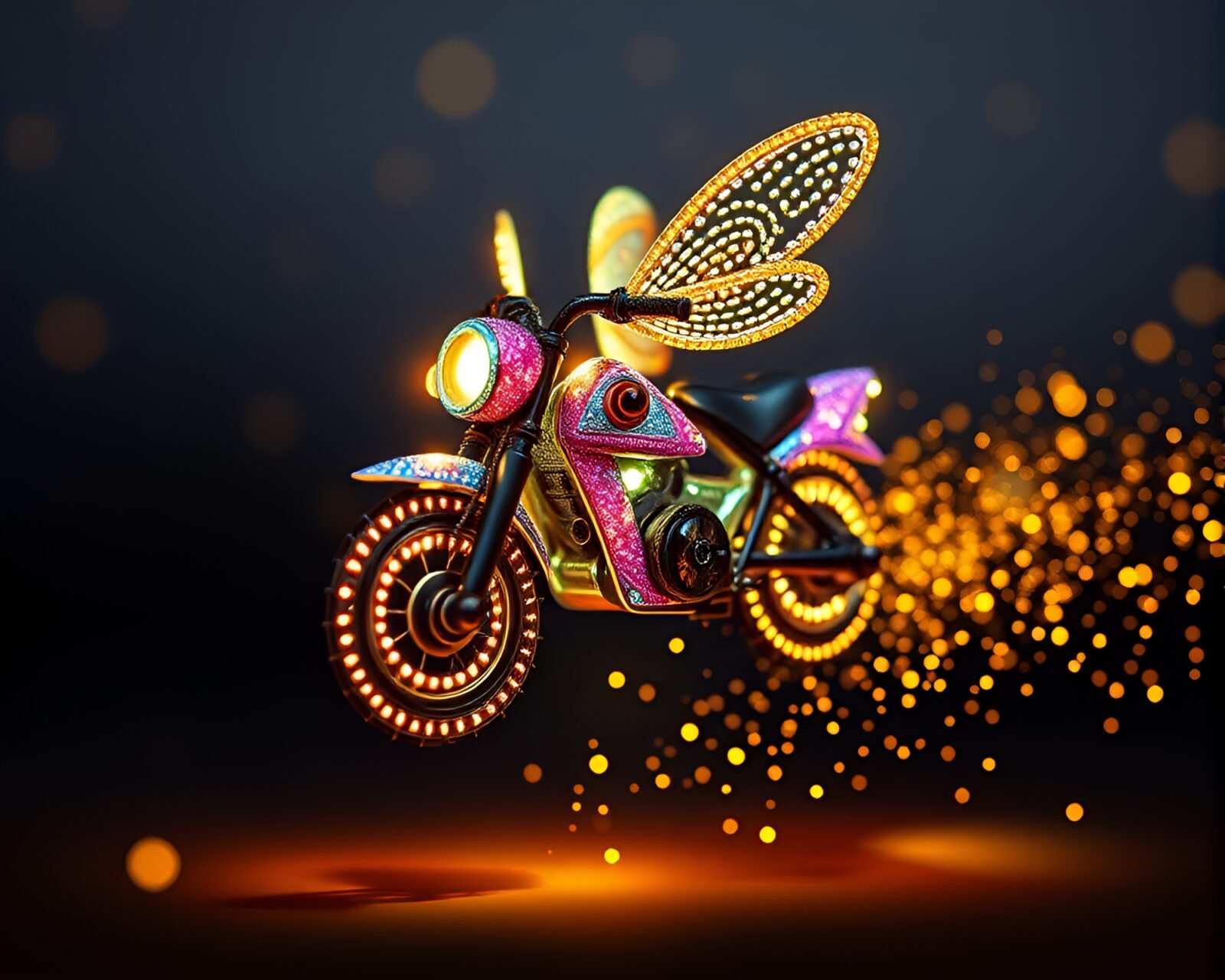 Futuristic hoverbike adorned with intricate beadwork in soft light