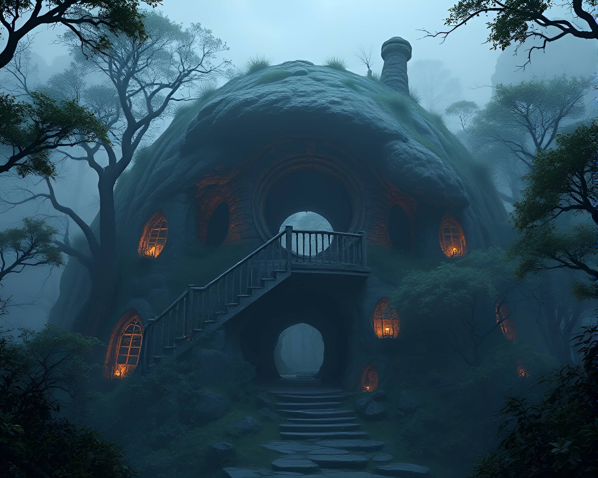 Enchanting Treehouse in Wireframe Fantasy Panorama – free AI stock image