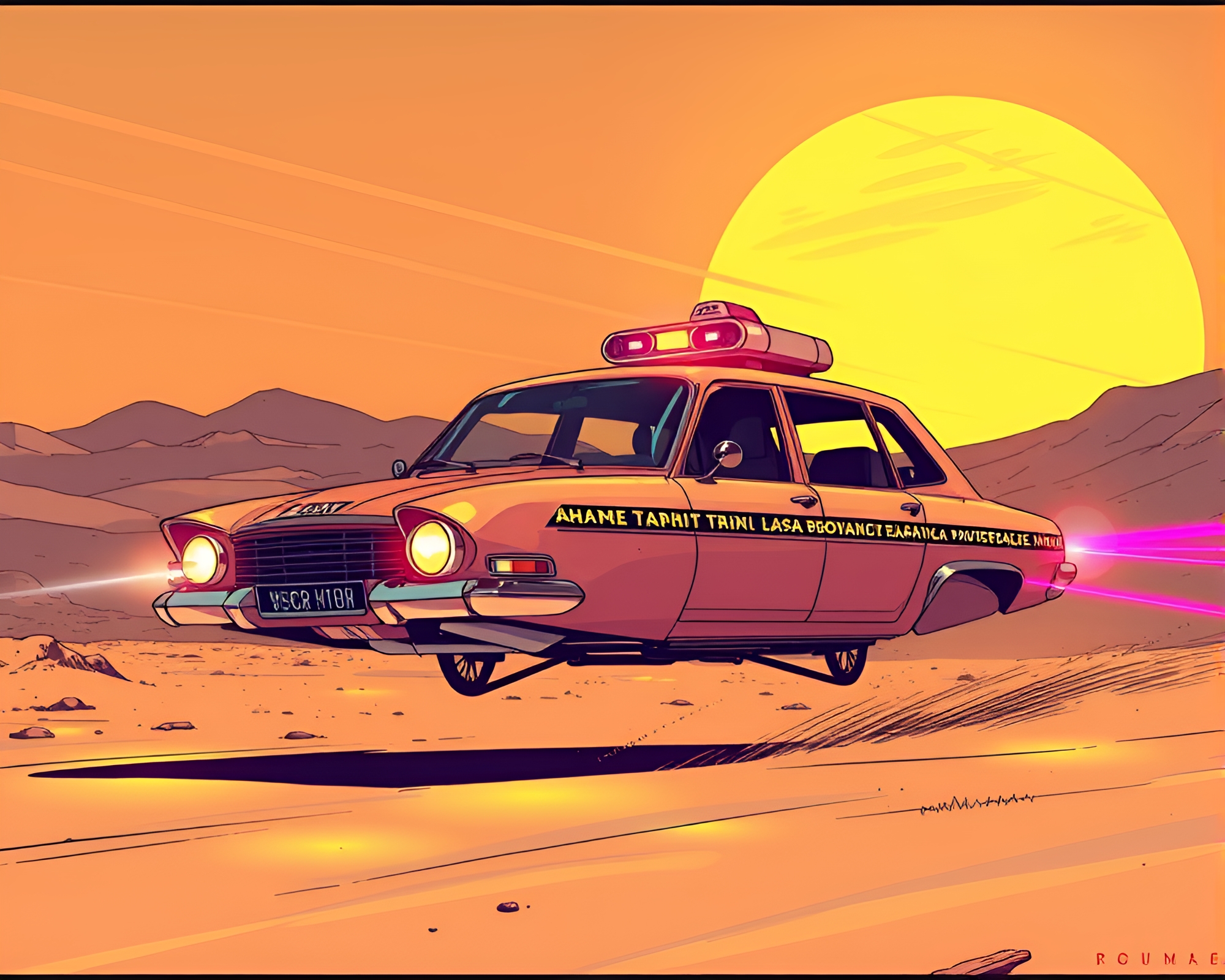 Glowing Hover Taxi in Manga Desert Laser Show – free AI stock image